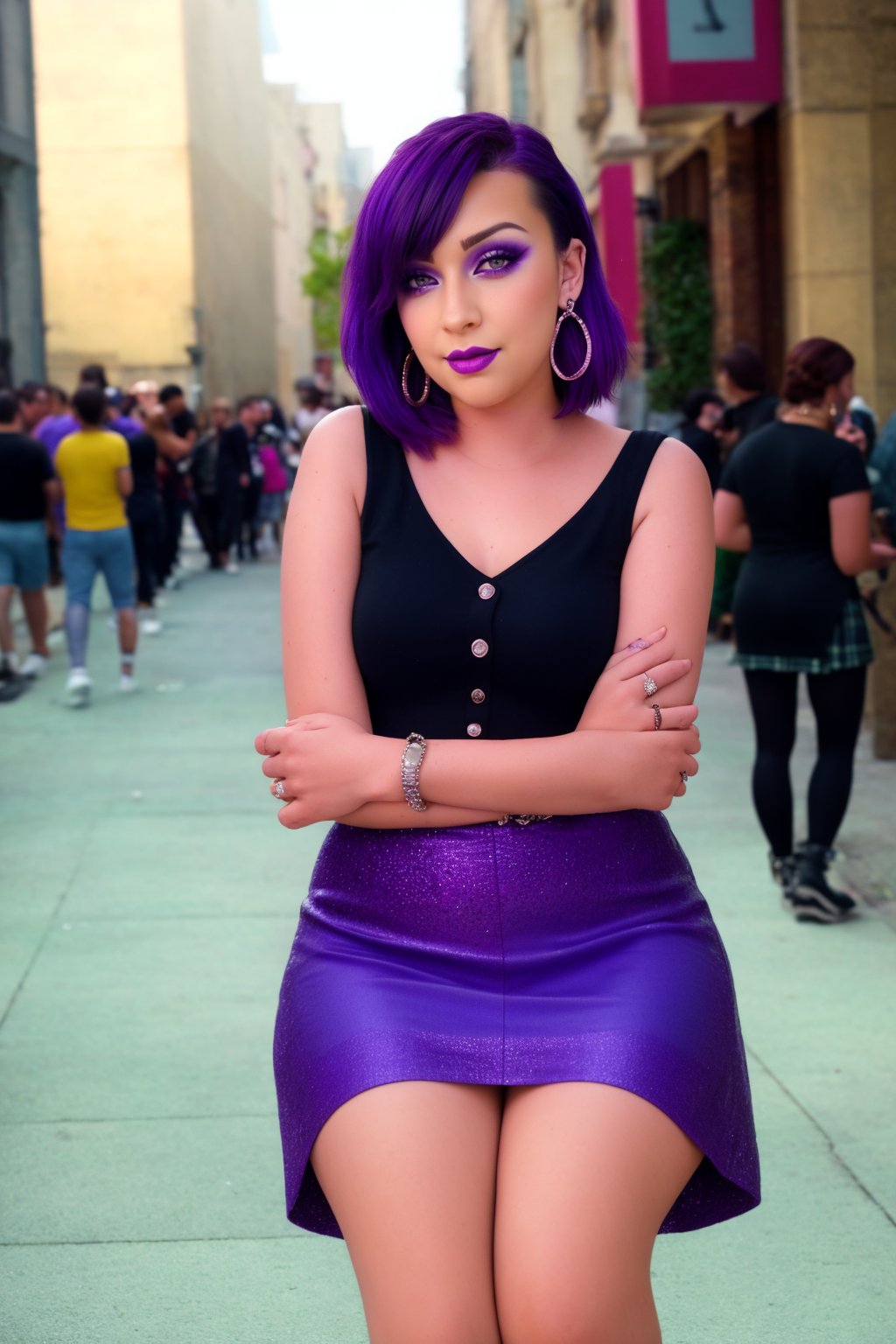 pretty young woman leaning over looking at camera, perfect symmetric
gray eyes, short purple hair, blushing, thick makeup, earrings, jewelry,
bracelet, purple hair, Scottish mini skirt, ultra high quality model, 
sharp focus, depth of field, unreal engine, masterpiece,
4k, detailed, street background