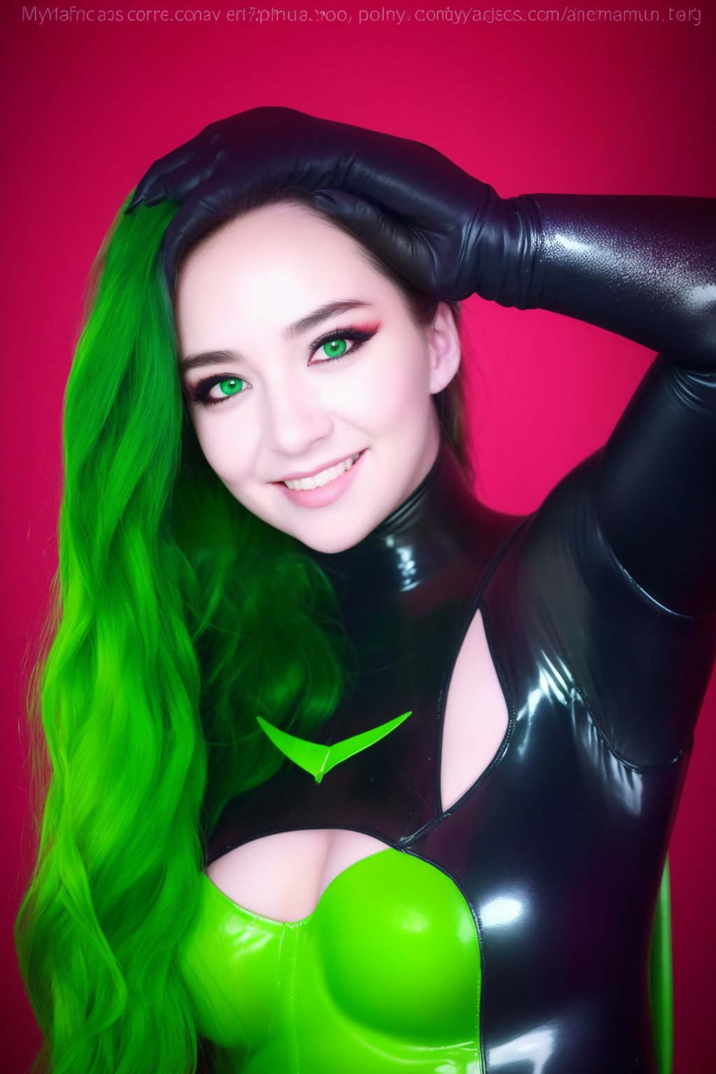 score_9, score_8_up, score_7_up, score_6_up, score_5_up, score_4_up > shego, black gloves, black hair, bodysuit, smile, green bodysuit, green eyes, green theme, long hair,  portrait, solo,  