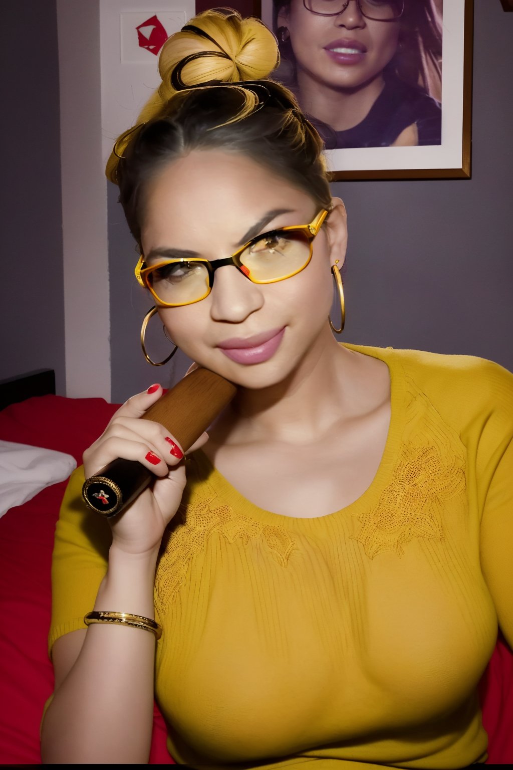 score_9, score_8_up, score_7_up, score_6_up, score_5_up, score_4_up,
1girl, portrait, cigarette, criss-cross halter, yellow sweater, bedroom, red-framed eyewear, holding baseball bat, baseball bat, hoop earrings, nail polish, smile, hair bun, 
 , se1k0ae,preti