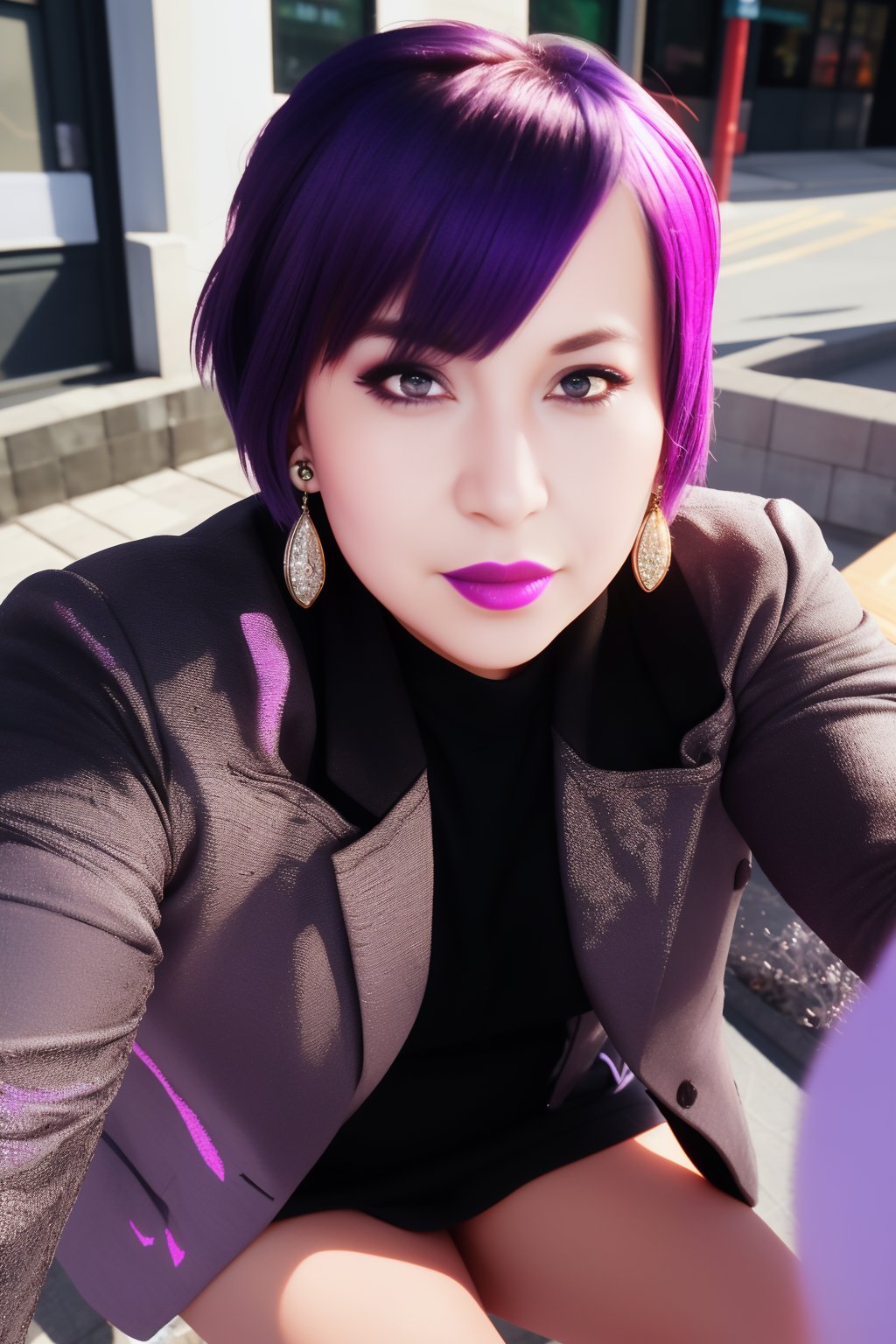 pretty young woman leaning over looking at camera, perfect symmetric
gray eyes, short purple hair, blushing, thick makeup, earrings, jewelry,
bracelet, purple hair, Scottish mini skirt, ultra high quality model, 
sharp focus, depth of field, unreal engine, masterpiece,
4k, detailed, street background