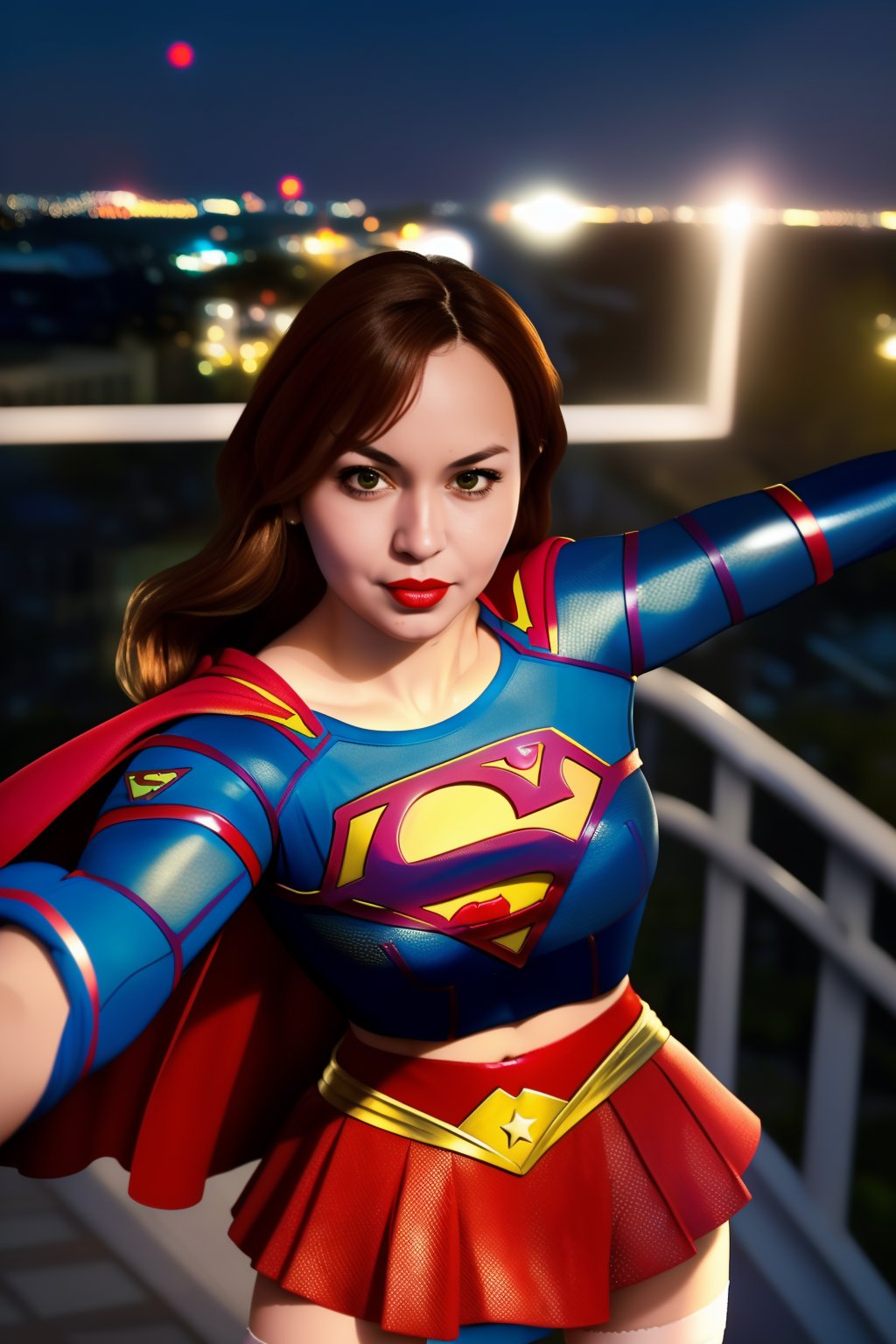  woman posing for a photo,(wearing supergirl_cosplay_outfit:1.3),crop_top,
good hand,4k, high-res, masterpiece, best quality, head:1.3,((Hasselblad photography)), finely detailed skin, sharp focus, (cinematic lighting), collarbone, night, soft lighting, dynamic angle, [:(detailed face:1.2):0.2],(((5 stars hotel))), outside,    