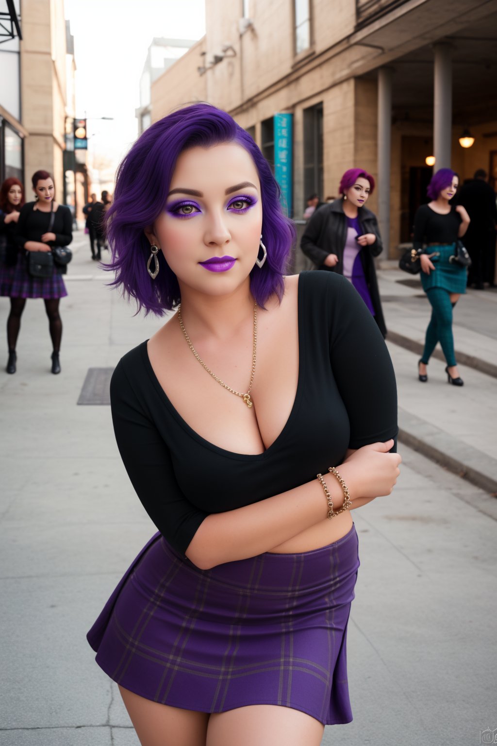 pretty young woman leaning over looking at camera, perfect symmetric
gray eyes, short purple hair, blushing, thick makeup, earrings, jewelry,
bracelet, purple hair, Scottish mini skirt, ultra high quality model, 
sharp focus, depth of field, unreal engine, masterpiece,
4k, detailed, street background