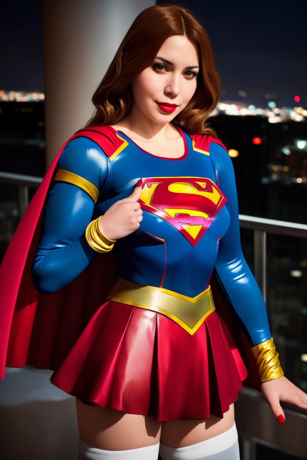  woman posing for a photo,(wearing supergirl_cosplay_outfit:1.3),crop_top,
good hand,4k, high-res, masterpiece, best quality, head:1.3,((Hasselblad photography)), finely detailed skin, sharp focus, (cinematic lighting), collarbone, night, soft lighting, dynamic angle, [:(detailed face:1.2):0.2],(((5 stars hotel))), outside,    