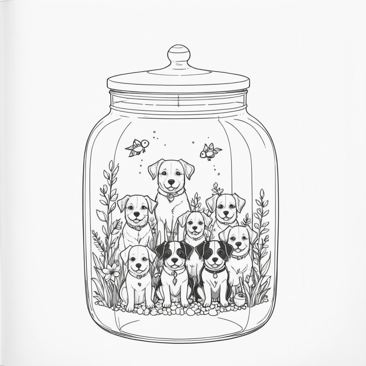 coloring book, bold line art. White and black minimalistic draw coloring page for a world under a jar with little cute dogs inside . Defined lines. Clean Drawn. Vector, Coloring Page, Bold line art, Coloring Book, Outline, Coloring, Coloring Sheet, Coloring Book, Coloring Page, Black and white, illustration, Draw, drwbk coloring book drawing