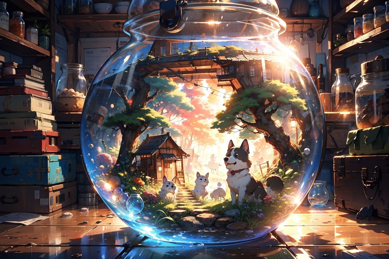 a world under a jar with little cute dogs inside the jar happy world inside the jar,8k,detail,midjourney,pastelbg