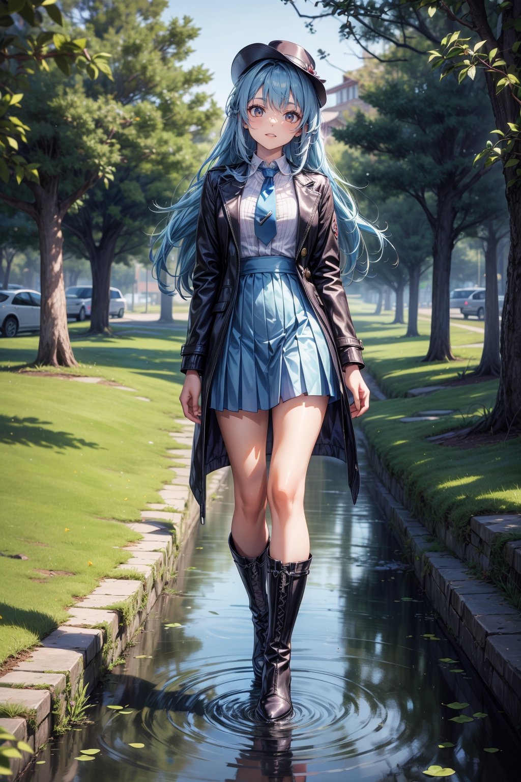 )),  a beautiful lady in blue dress and boots standing in water in grass,  1girl by Aky 04 on Tensor.Art