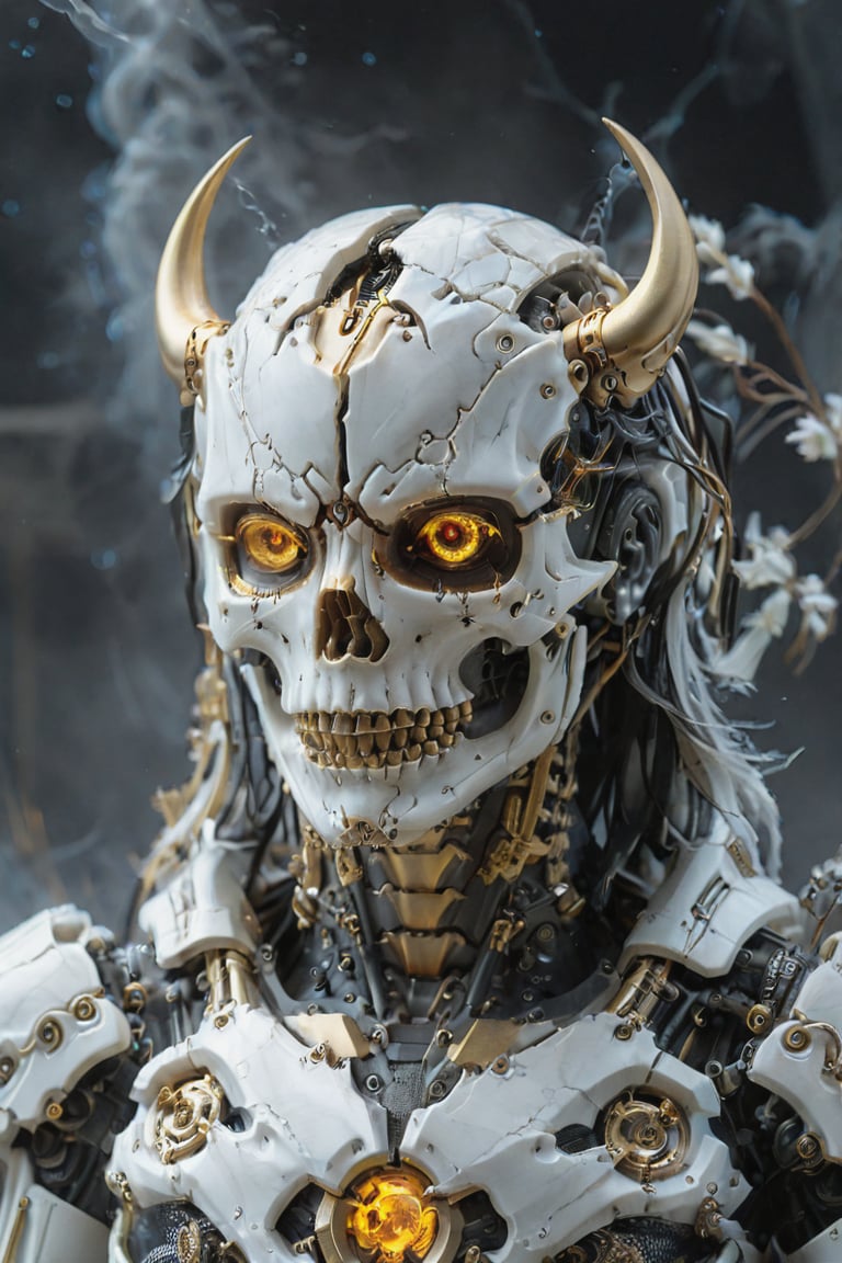 closeup of an ultra detailed marble and gold sculpture of a necromancer mecha (skeleton face), volumetric fog, hyperrealism, stunning, ultra realistic, ultra detailed, cyber background, cinematic lighting, highly detailed, stunning, photography, stunning environment, wide angle ,DonMB4nsh33XL ,GVA suit of armor,masprodeva1, red eyes