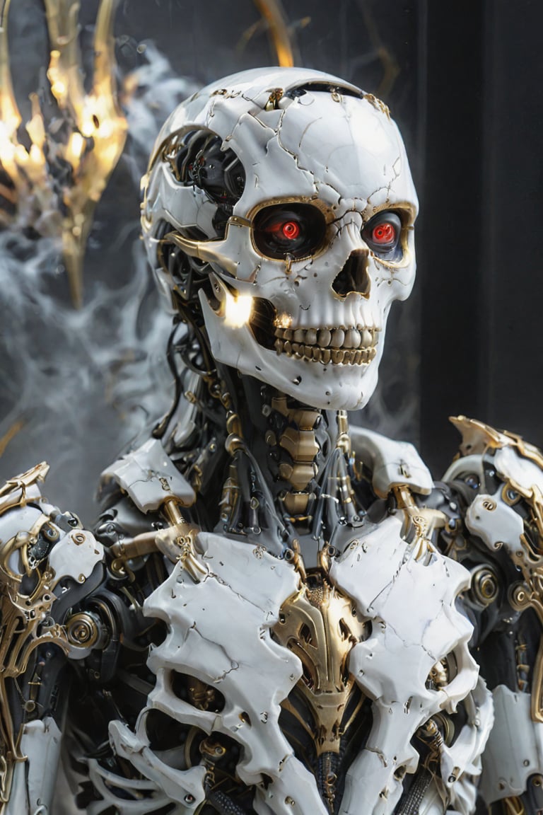 closeup of an ultra detailed marble and gold sculpture of a necromancer mecha (skeleton face, skeleton body), volumetric fog, hyperrealism, stunning, ultra realistic, ultra detailed, cyber background, cinematic lighting, highly detailed, stunning, photography , stunning environment, wide angle ,DonMB4nsh33XL ,GVA suit of armor,masprodeva1, red eyes