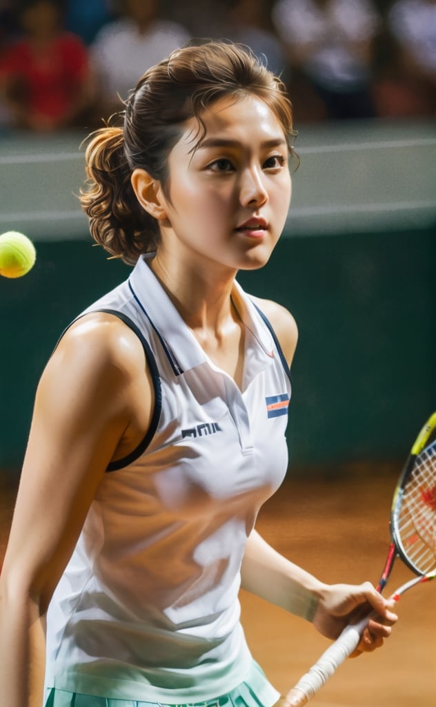 a photo of a girl playing badminton tennis, serve ball, focused and and sweating, sharp eyes looking forward, short curly brown hair, white sleveless shirt,xxmix_girl