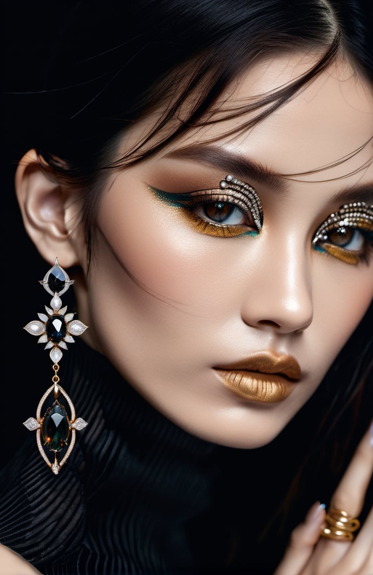 a woman is posing on a black background, showing her stunning jewelry, in the style of realistic fantasy artwork, hyper-realistic