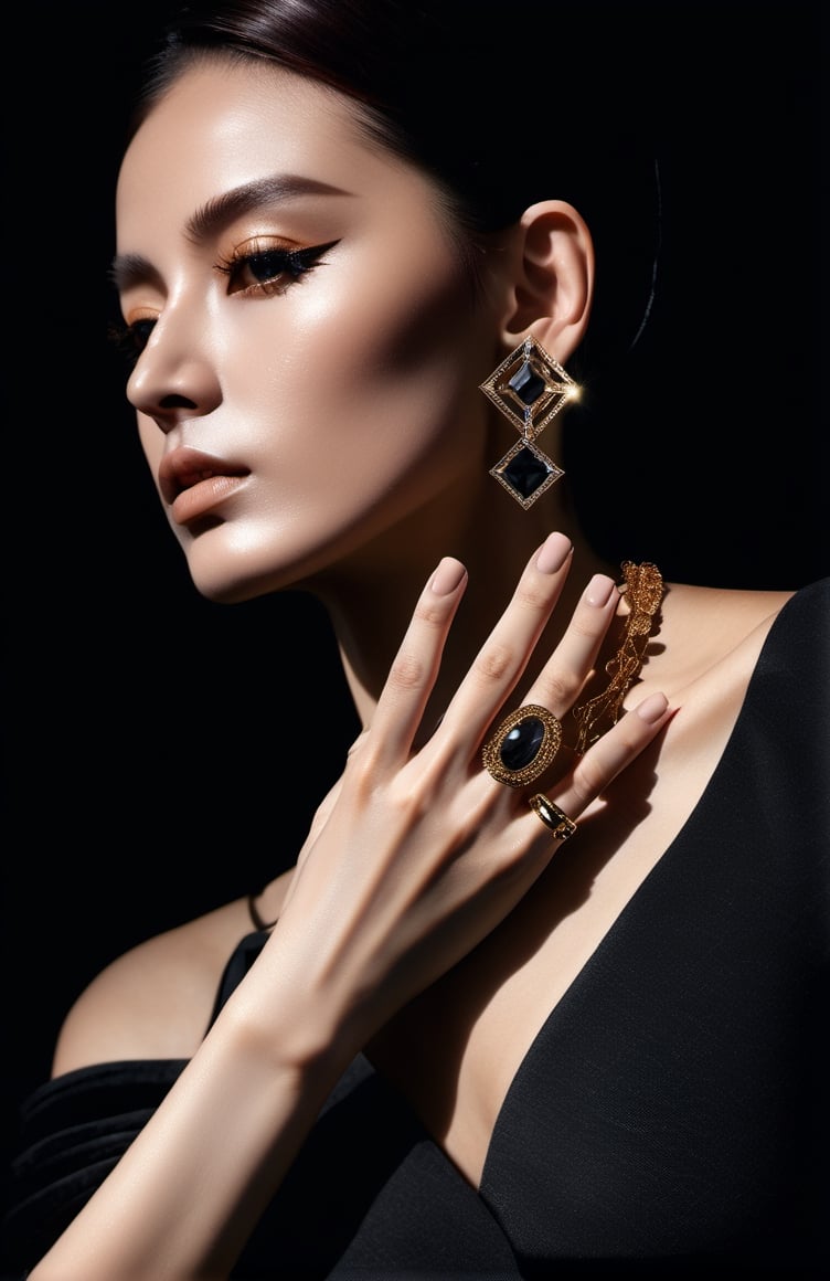 a woman is posing on a black background, showing her stunning jewelry, in the style of realistic fantasy artwork, hyper-realistic