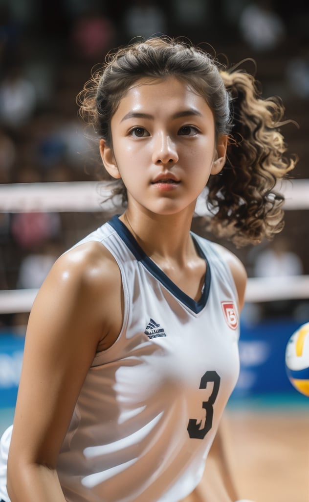 a photo of a girl playing volley ball, serve ball, focused and and sweating, sharp eyes looking forward, curly brown hair, white sleveless shirt,xxmix_girl,photo r3al