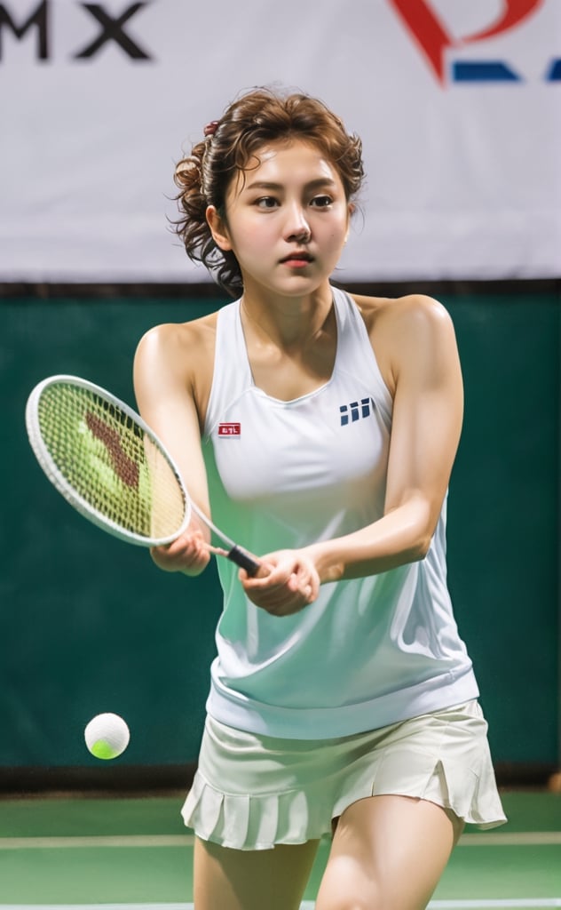 a photo of a girl playing badminton tennis, serve ball, focused and and sweating, sharp eyes looking forward, short curly brown hair, white sleveless shirt,xxmix_girl,photo r3al