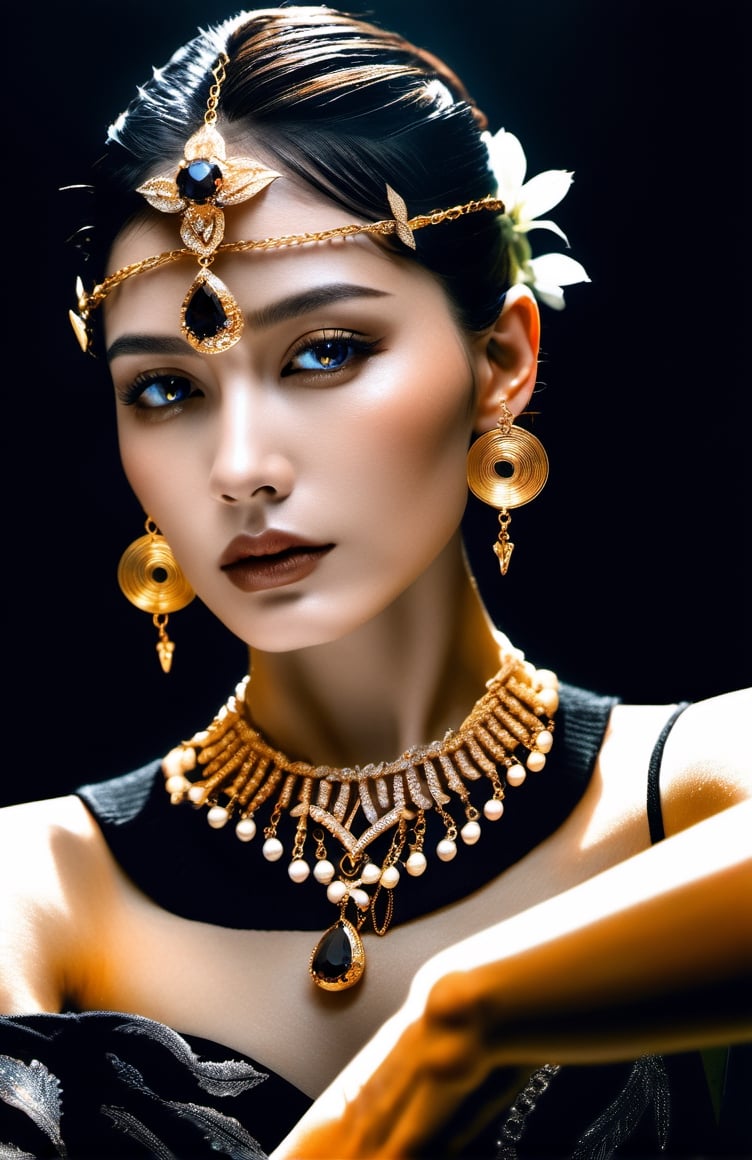 a woman is posing on a black background, showing her stunning jewelry, in the style of realistic fantasy artwork, hyper-realistic