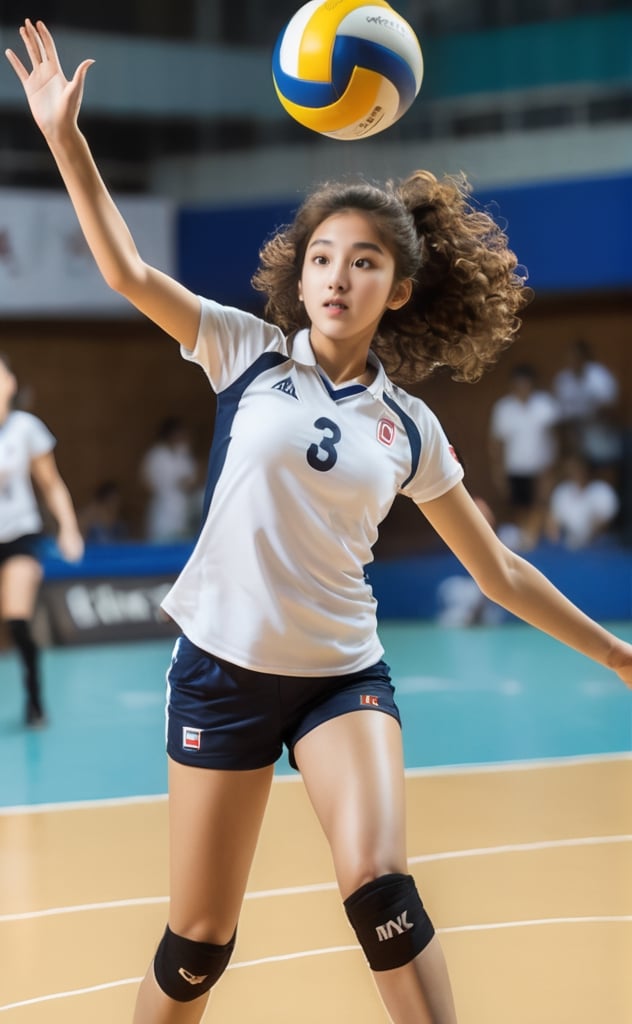 a photo of a girl playing volley ball, serve ball, jump,in action, focused and and sweating, sharp eyes looking forward, curly brown hair, white sleveless shirt,xxmix_girl,photo r3al