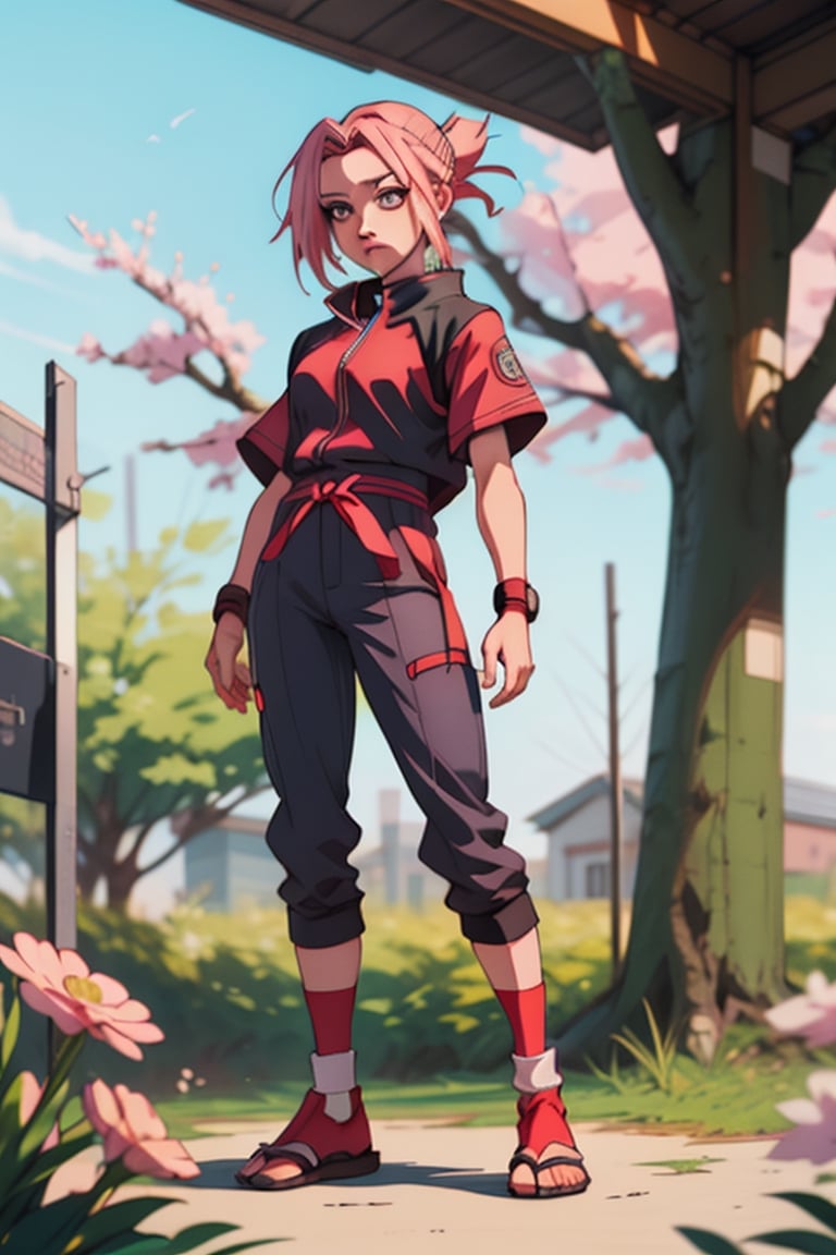 sakura haruno from naruto series in a highschool uniform standing in an apocolyptic tokyo