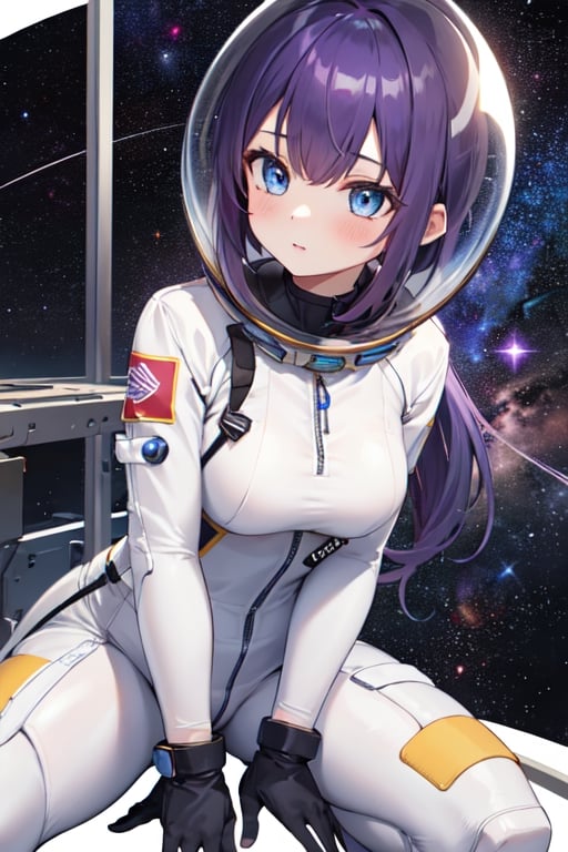 mature_female, breast, 1girl,  , masterpiece, best quality, long_hair, purple-hair, blue_eyes, pony_tail, 4k, highres, high_quality, spacesuit, (((space helmet))), body_suit, gloves