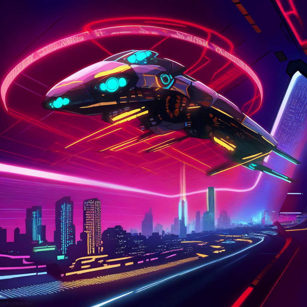 Futuristic-style car, sleek aerodynamic design, glowing neon lights, panoramic windshield, metallic silver finish, glowing blue rims, hovering above a neon-lit cityscape, dynamic angle, high contrast lighting, detailed interior with advanced tech displays, driver in a futuristic suit, motion blur effect, cyberpunk aesthetic, nighttime setting, high-resolution, 8K.