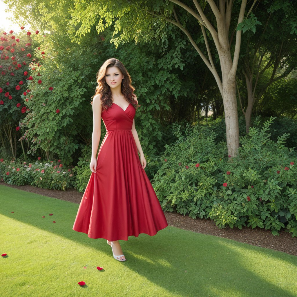 A vibrant, full-body shot of a woman dancing gracefully in a lush garden of blooming roses. The scene is bathed in soft, golden sunlight, casting gentle shadows on the petals. The woman's flowing dress and loose hair create a dynamic contrast against the static, vibrant red roses. The composition is balanced, with the woman's movement leading the eye through the frame, surrounded by the rich, fragrant garden.