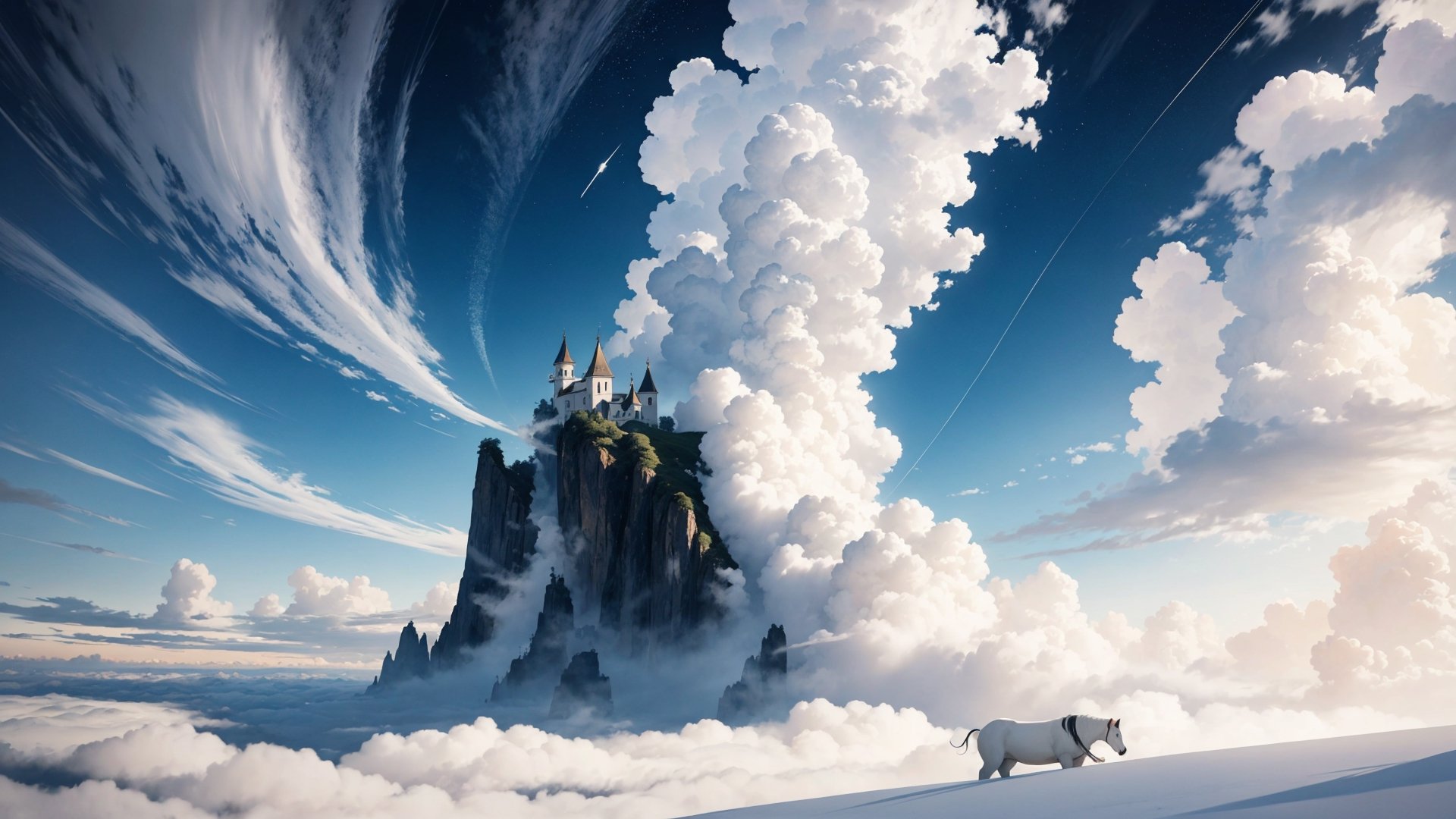 An exquisite heavenly realm above the clouds, where the ethereal beauty transcends imagination. The scene is bathed in a surreal, almost otherworldly light, casting a mesmerizing glow over every detail. The colors are vivid and saturated, painting a vivid canvas of celestial wonders. The perspective captures the expanse of this breathtaking vista, showcasing its vastness and grandeur. The camera employed is a state-of-the-art Hasselblad H6D-100c paired with a versatile 24-70mm f/2.8 lens, ensuring impeccable clarity and precision in every pixel. The composition is meticulously crafted, with leading lines guiding the viewer's gaze through this mesmerizing panorama. The balance of elements creates a harmonious visual symphony, drawing the eye towards the heart of this heavenly realm. The level of detail captured is staggering, revealing intricate nuances and textures that invite closer inspection. This composition transcends mere photography; it is an immersive experience, evoking emotions that defy conventional description. The result is an image that is not just beautiful, but an awe-inspiring testament to the boundless wonders that nature can bestow upon us.