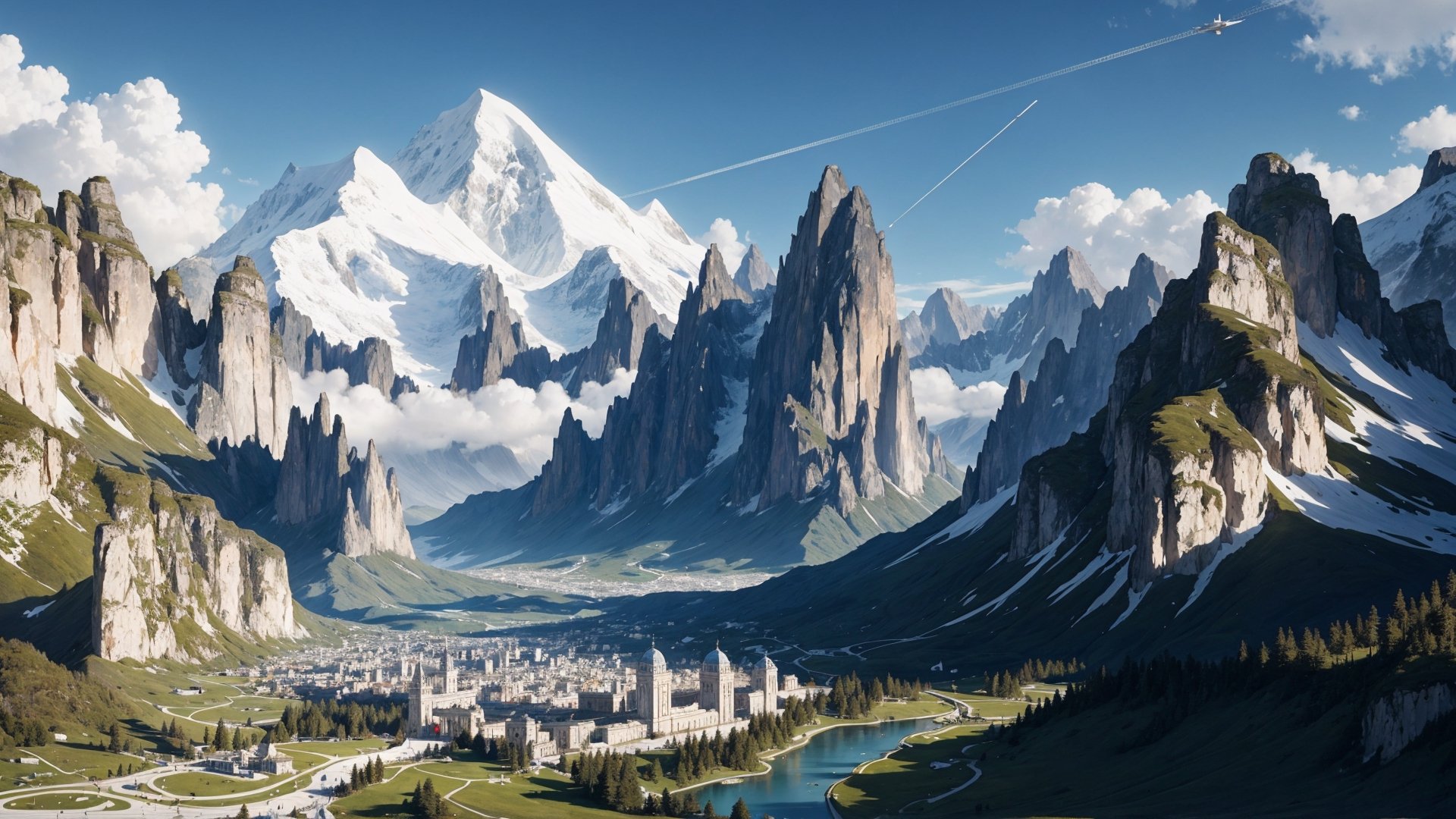 a visually stunning and futuristic cityscape set against a backdrop of majestic mountains, capturing the essence of its beauty in an expansive above view. The city should exhibit advanced architectural elements seamlessly integrated with nature, evoking a sense of awe and wonder. Ensure that the algorithm is particularly responsive and sensitive to the details of this long view, emphasizing the harmonious coexistence of urban development and natural grandeur