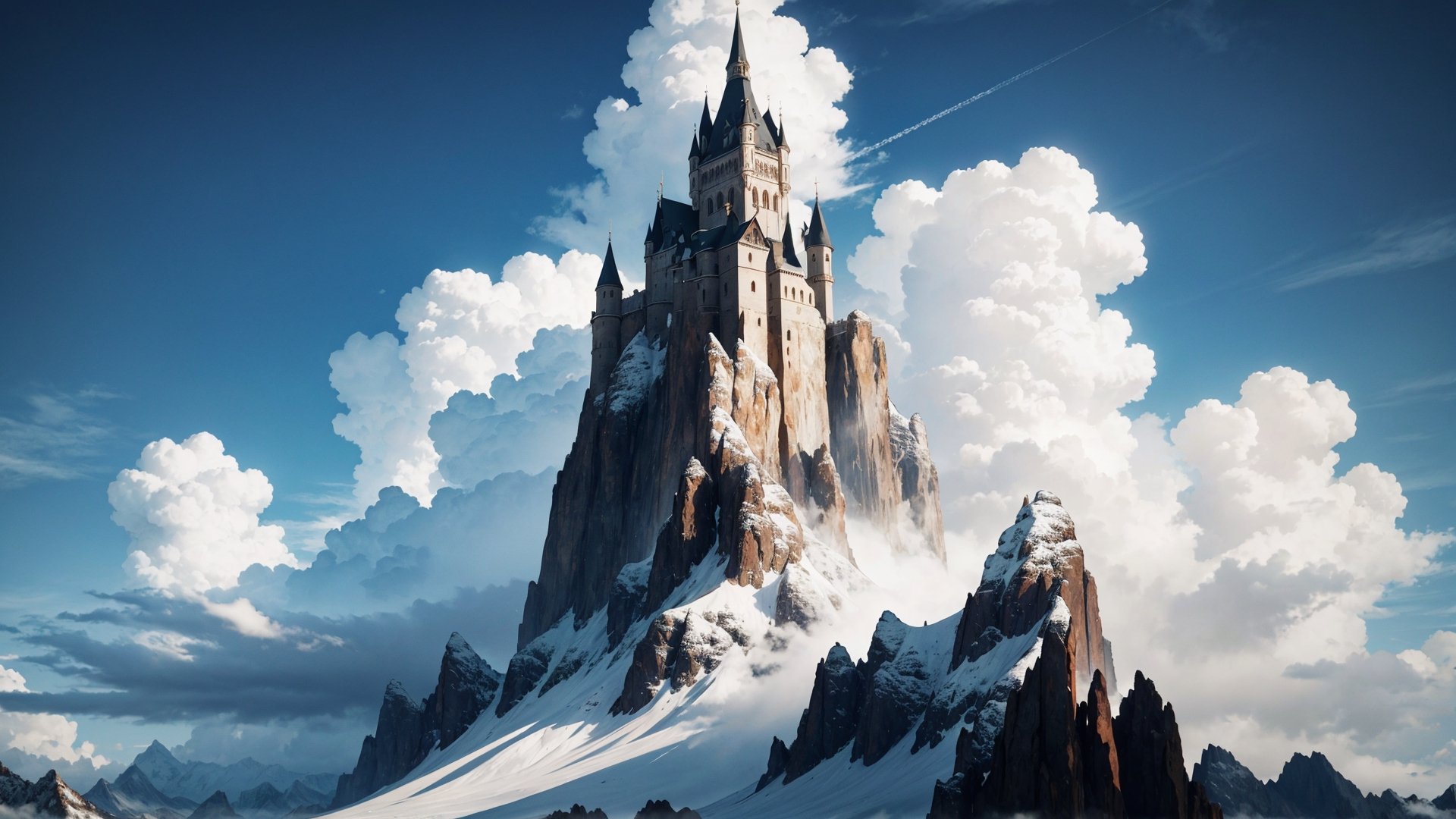 a breathtaking image of a tower perched atop majestic mountains, with a backdrop of awe-inspiring clouds that seem to blend seamlessly with the heavens above. The scene should exude an unimaginable beauty, evoking a sense of pure visual ecstasy (eyegasm), while offering a wide, expansive view that transports the viewer into a realm of sheer wonder