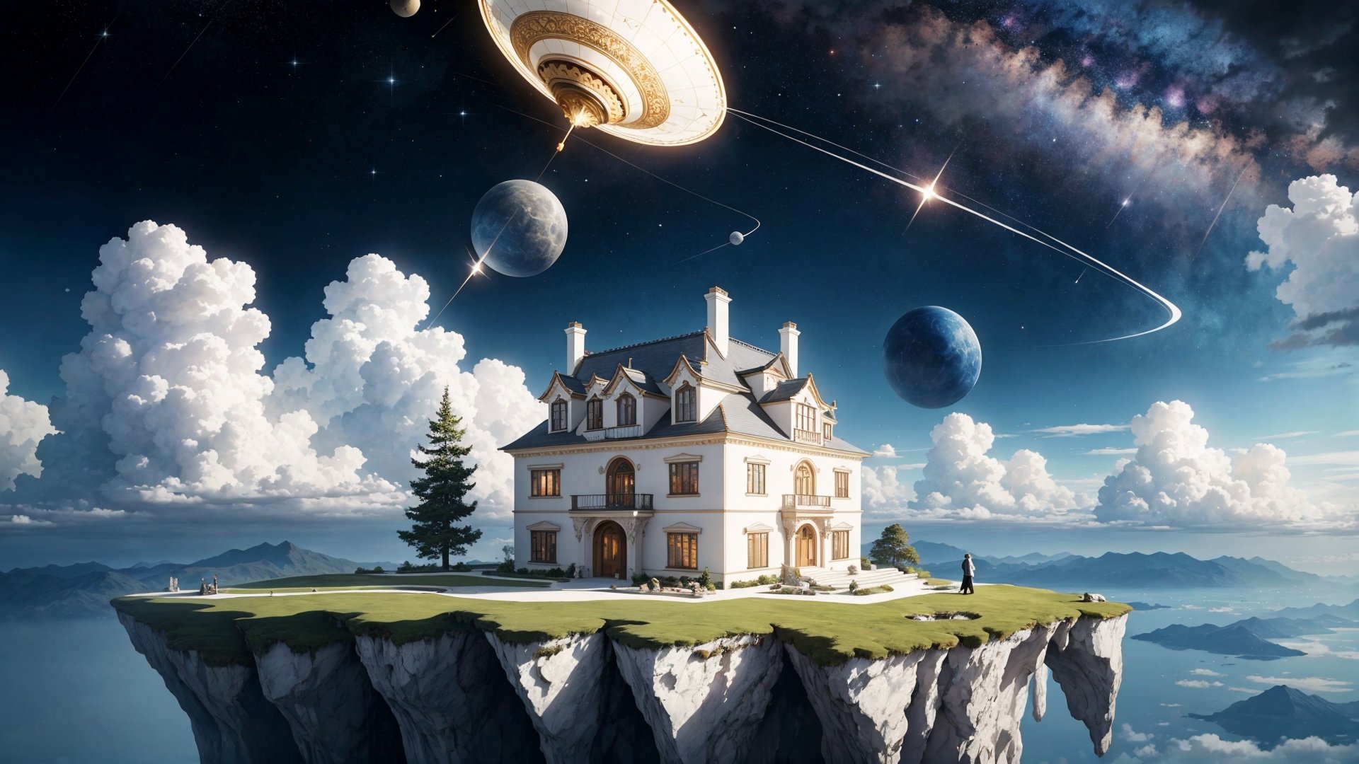 In a breathtaking display of imagination, visualize a beautiful house suspended in the vast expanse of outer space, surrounded by an awe-inspiring panoramic view. Capture the essence of this surreal scene with intricate details, emphasizing the seamless integration of the house within the cosmic backdrop. Let the image exude a sense of wonder, with the floating structure harmoniously coexisting with the celestial surroundings. Ensure that the colors and textures complement this extraordinary spectacle, evoking a feeling of both serenity and exhilaration