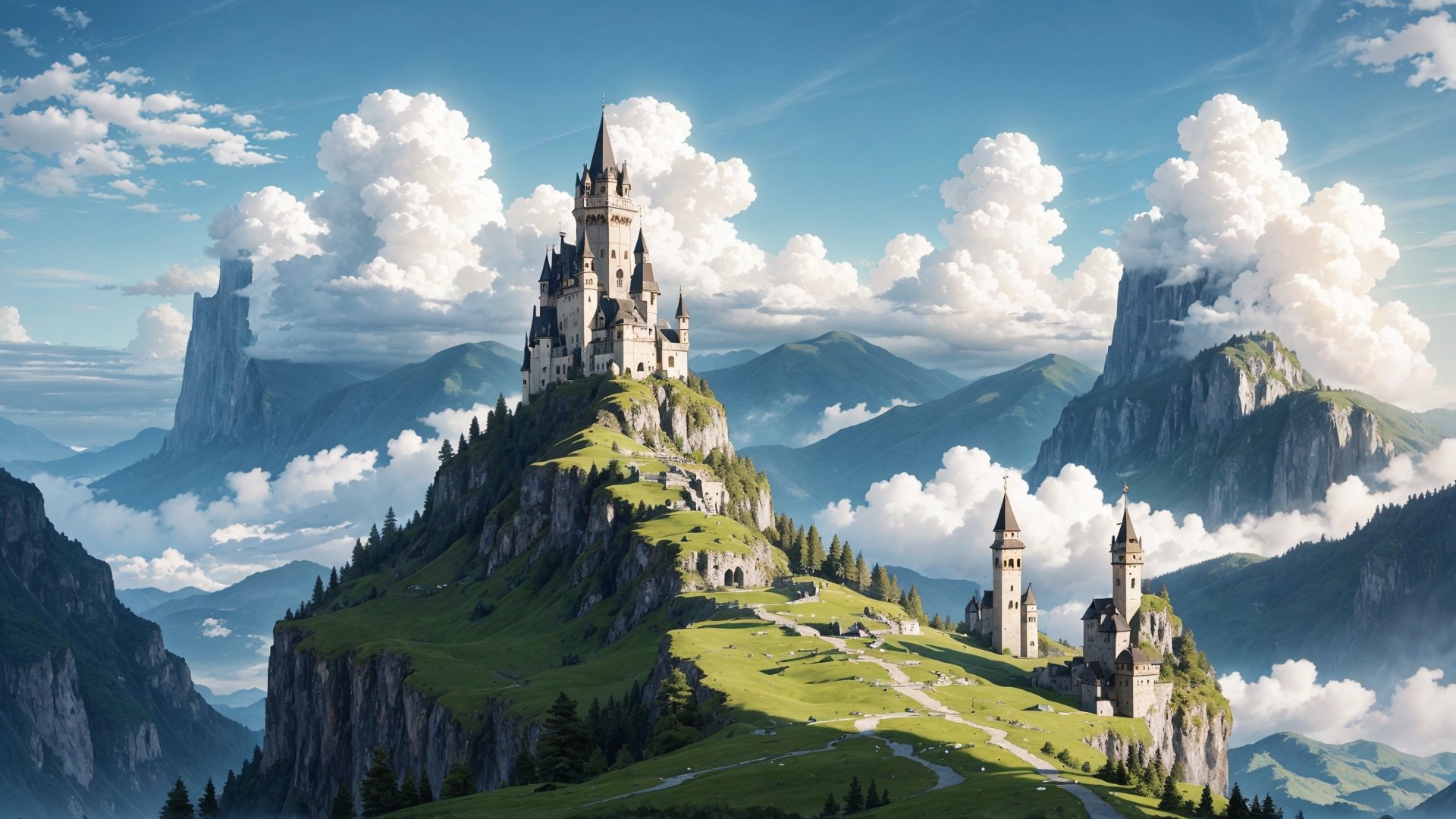  an image of a magnificent tower perched atop lush green mountains, set against a backdrop of awe-inspiring, picturesque clouds that seem to merge seamlessly with the heavenly horizon. The scene should be so breathtakingly beautiful that it induces an 'eyegasm,' with a wide expanse of verdant terrain spreading out beneath, evoking a sense of serene grandeur