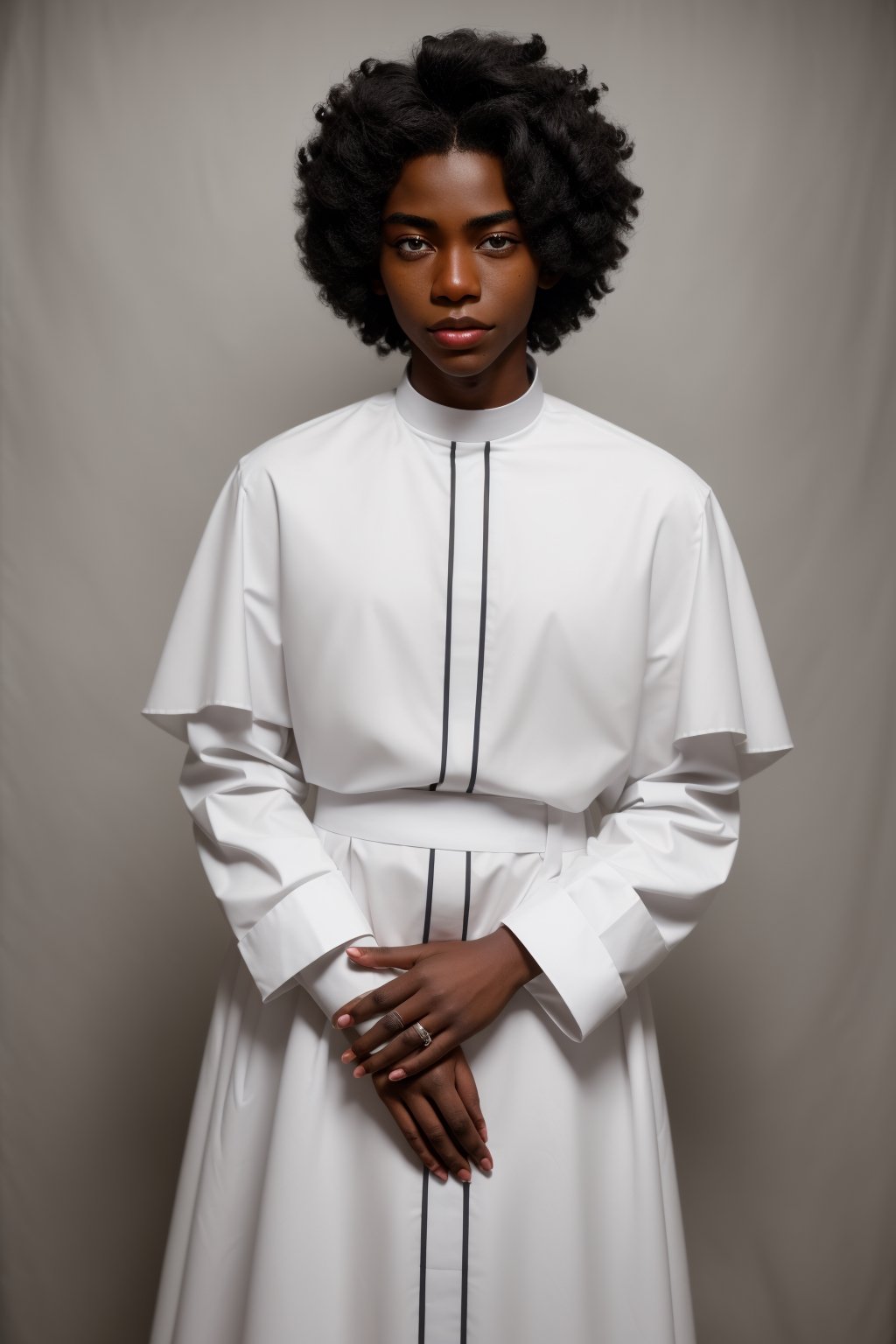 (black Ghanaian African, dark-skinned_male, black skin, dark skin), (((femboy, trap, feminine female face, androgynous, effeminate))), ((wide hips)), perfect hands, ((Christian Protestant priest black cassock)), hairless, clean shaven,1boy, skinny, lean, slender, slim, thin, femboy, dark detailed perky nipples areolae,photorealistic,Masterpiece,Detailedface,effeminate