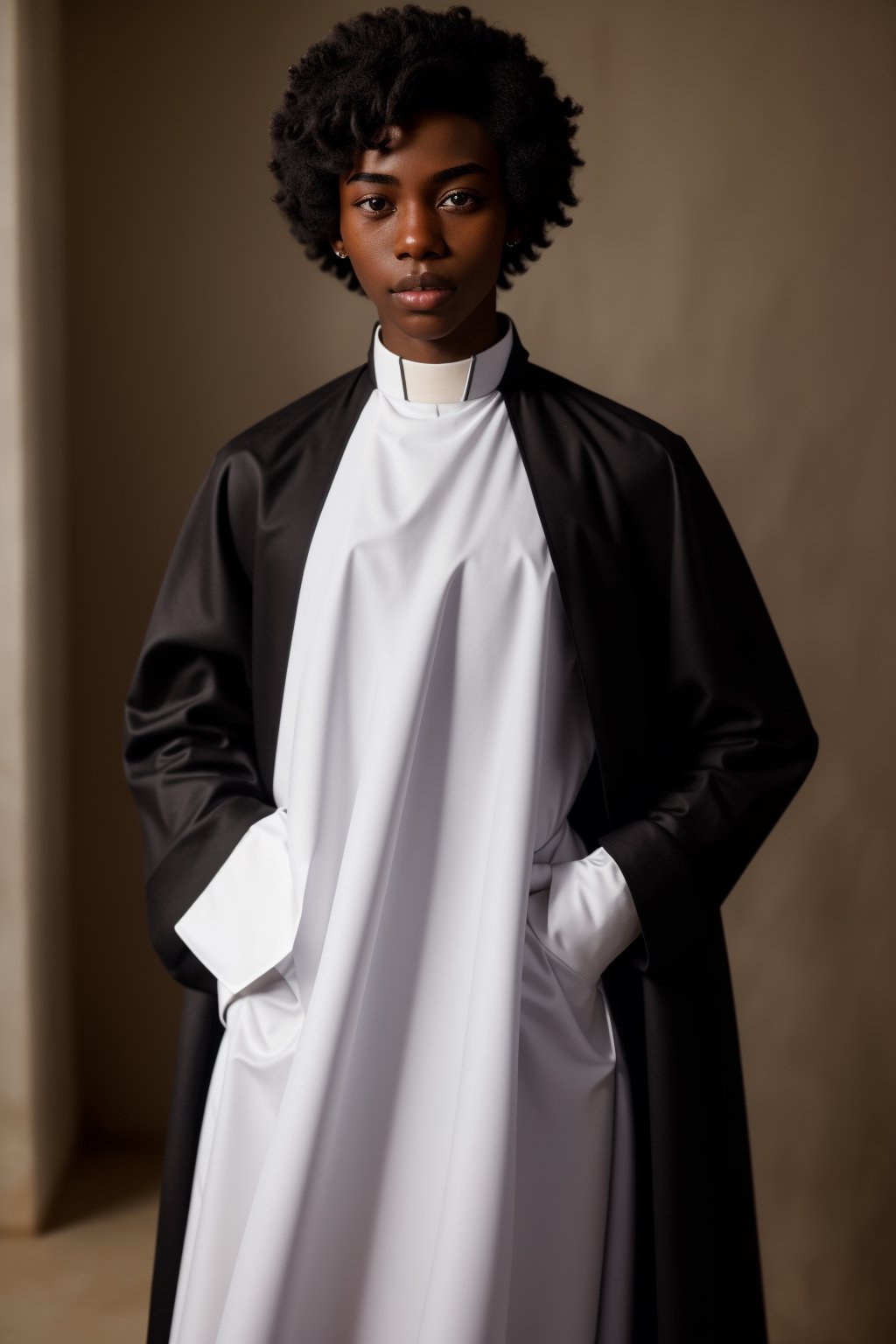 (black Ghanaian African, dark-skinned_male, black skin, dark skin), (((femboy, trap, feminine female face, androgynous, effeminate))), ((wide hips)), perfect hands, ((Christian Protestant priest plain black cassock uniform)), hairless, clean shaven,1boy, skinny, lean, slender, slim, thin, femboy, dark detailed perky nipples areolae,photorealistic,Masterpiece,Detailedface,effeminate