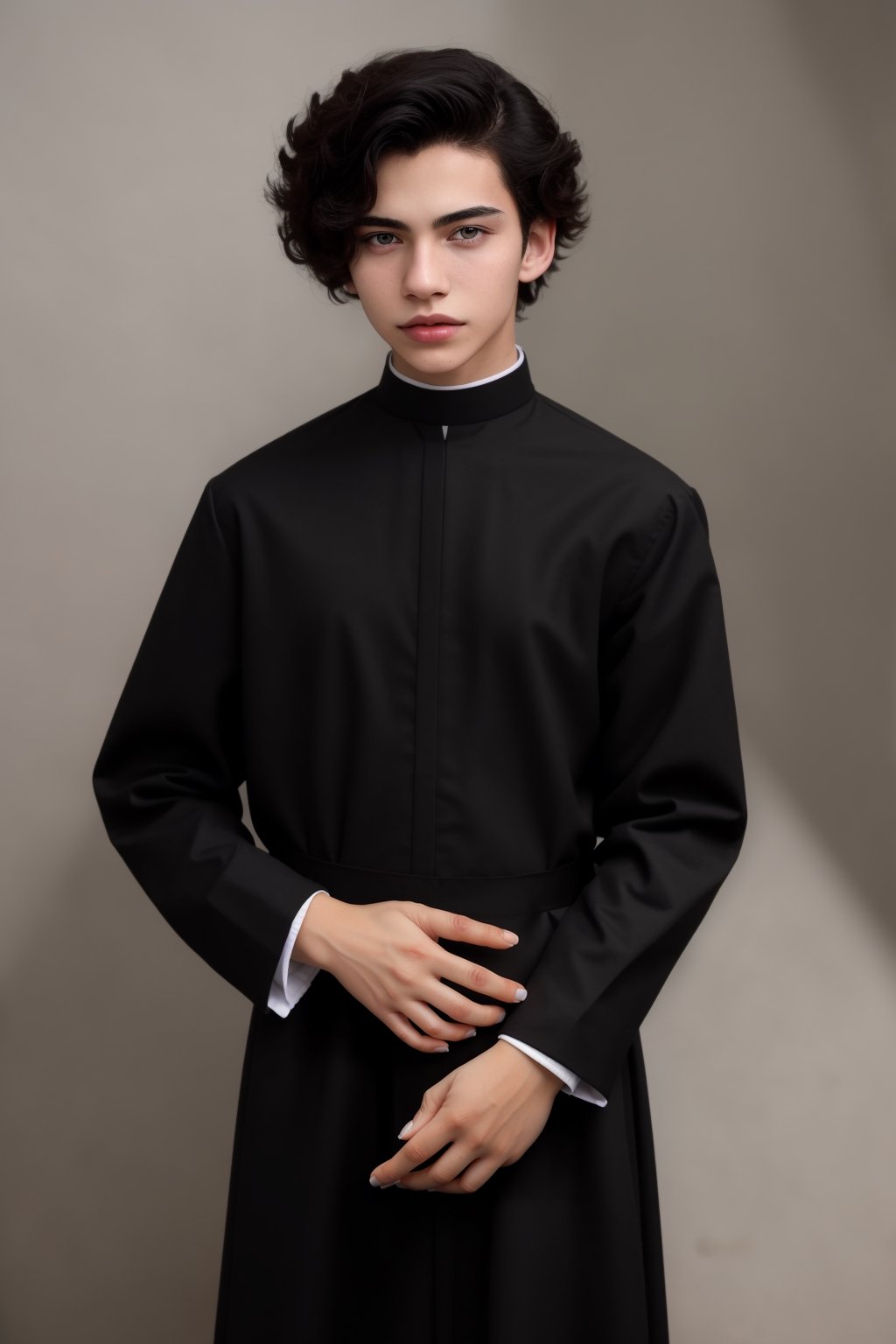 (black Ghanaian African, dark-skinned_male, black skin, dark skin), (((femboy, trap, feminine female face, androgynous, effeminate))), ((wide hips)), perfect hands, ((Christian Protestant priest black cassock)), hairless, clean shaven,1boy, skinny, lean, slender, slim, thin, femboy, dark detailed perky nipples areolae,photorealistic,Masterpiece,Detailedface,effeminate