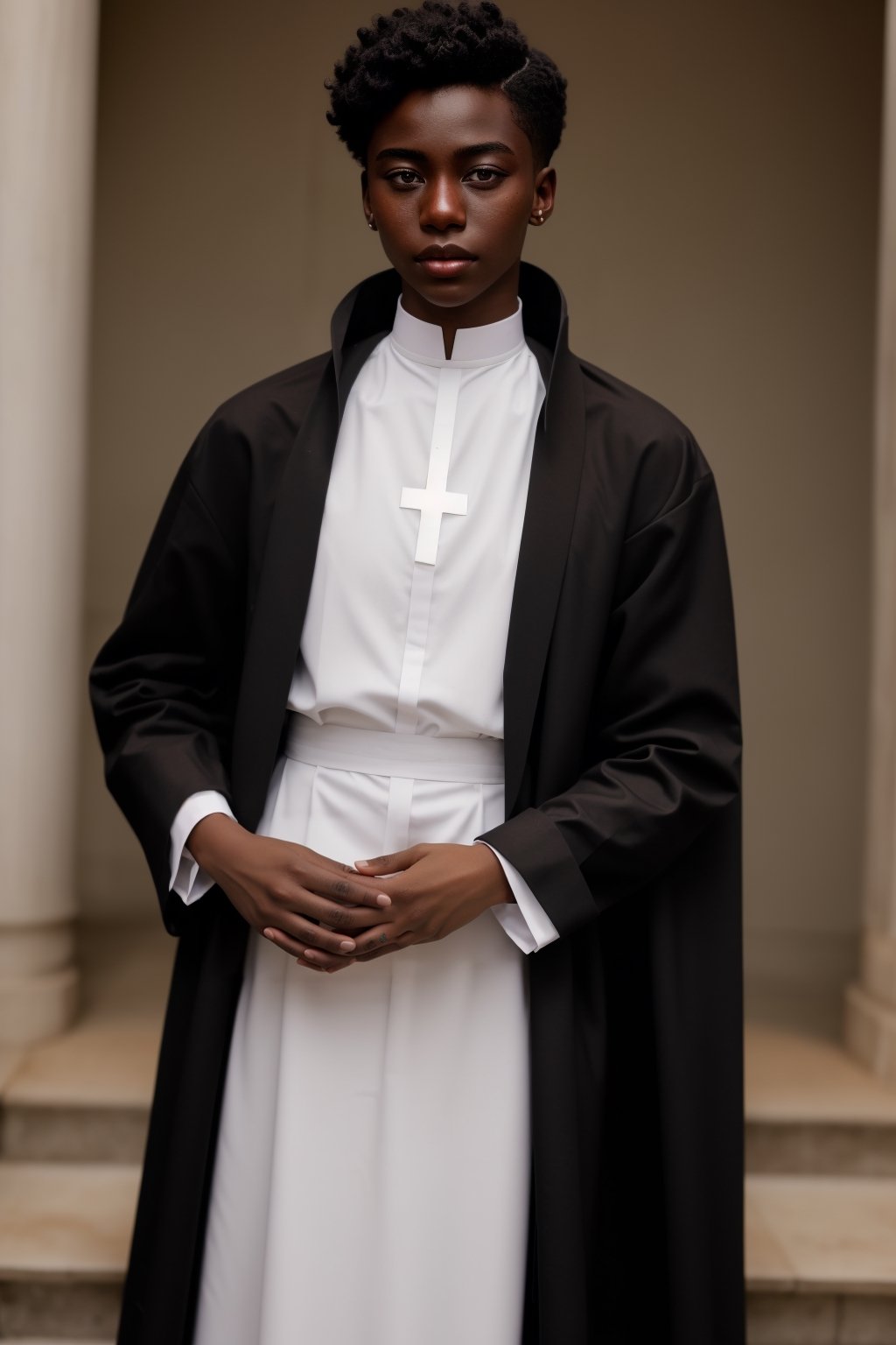 (black Ghanaian African, dark-skinned_male, black skin, dark skin), (((femboy, trap, feminine female face, androgynous, effeminate))), ((wide hips)), perfect hands, ((Christian Protestant priest black cassock)), hairless, clean shaven,1boy, skinny, lean, slender, slim, thin, femboy, dark detailed perky nipples areolae,photorealistic,Masterpiece,Detailedface,effeminate