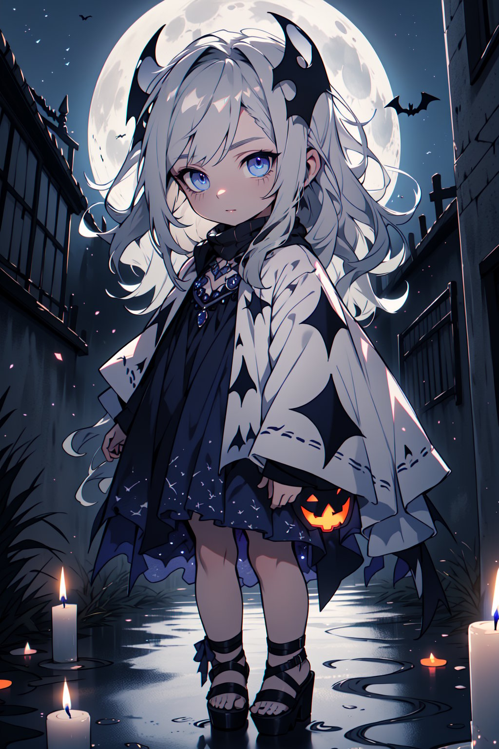 (masterpiece, best quality, high definition, ultra-detailed), (beautiful and aesthetic: 1.2), detailed eyes and face, full body, 1 kid, toddler, ((long wavy silver hair)), ((indigo eyes))
Halloween costume, sandals, Halloween in kindergarten, pumpkins, Halloween decorations, candles, gothic, bat, moonlight, moon, street, city, spirit, 


