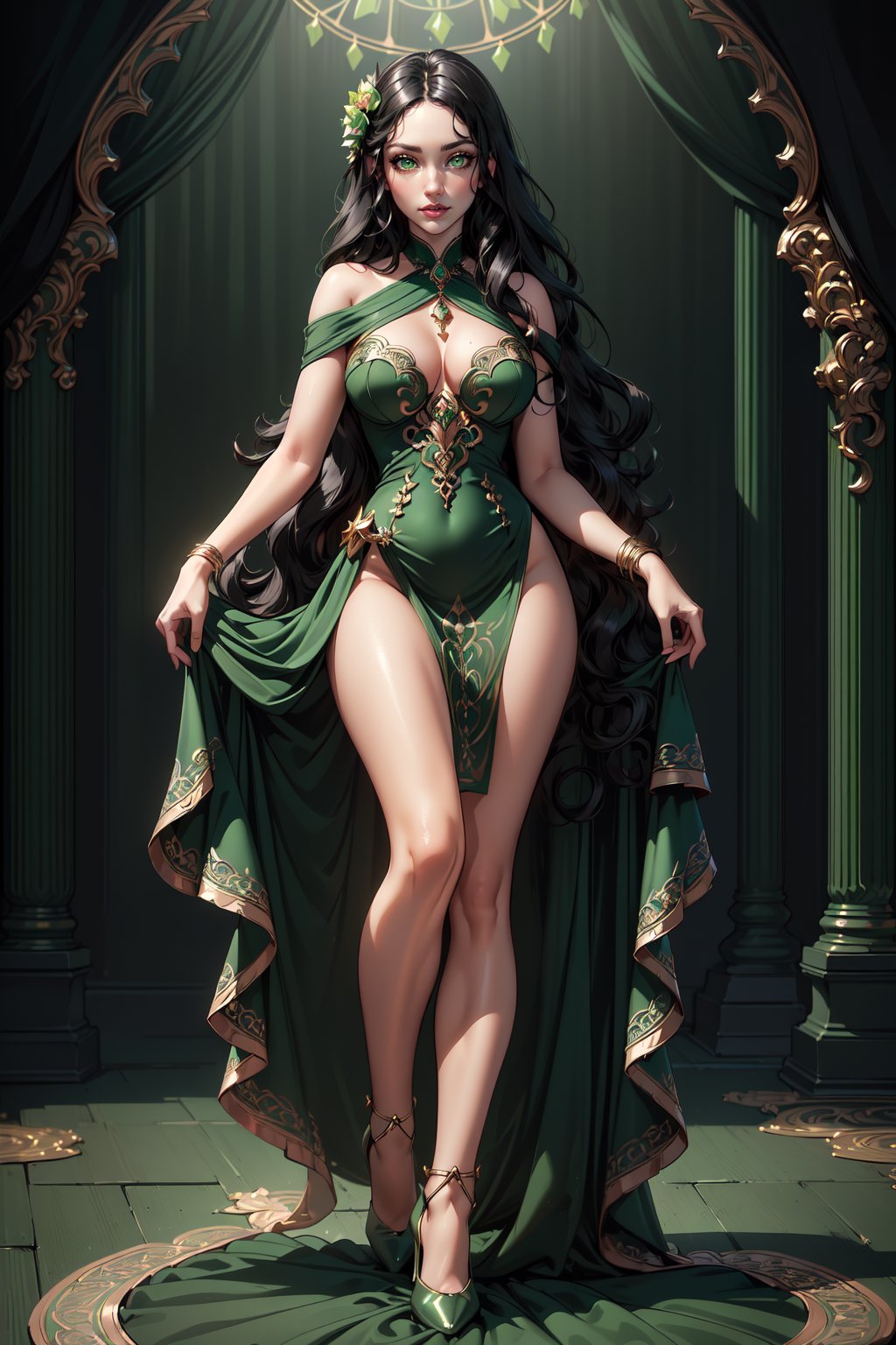 ((masterpiece, Best quality, A high resolution, ultra detailed), (beautiful and aesthetically pleasing:1.2), Detailed eyes and face, full body, ((1 woman)), adult, (black long wavy hair), ((green eyes)), female body, female focus, Beautiful body, perfect body, 
 full body, garem outfit, beautiful dress, erotic dress, pumps, birthday party