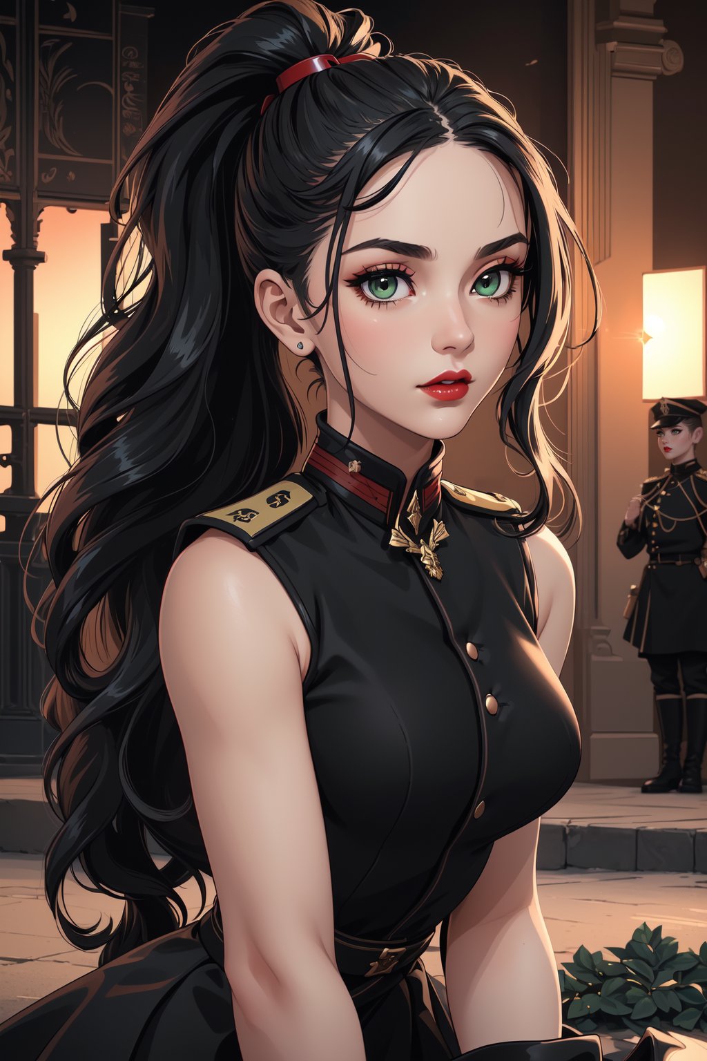  (masterpiece, best quality, high resolution, ultra detail), (beautiful and aesthetic: 1.2), detailed eyes and face, full body, 1woman, black long wavy hair, ponytail hair, green eyes, perfect body, female body, female focus, red lips, beautiful makeup, military uniform with a skirt, military jacket, military boots, black stockings, city, evening, streets