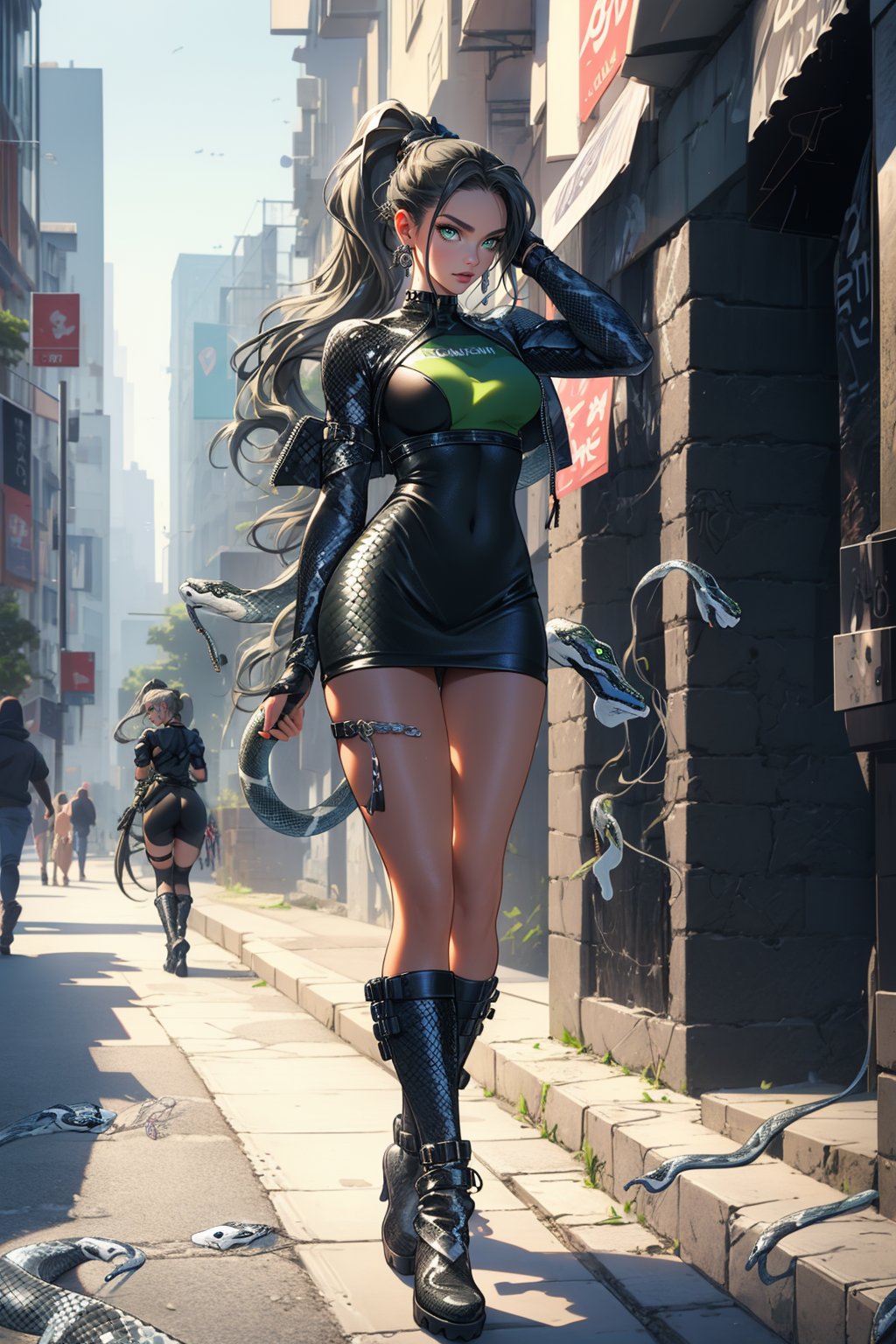 (masterpiece, best quality, high resolution, ultra detail), (beautiful and aesthetic: 1.2), detailed eyes and face, full body, (1woman), adult, (black wavy hair), long ponytail hair, (green eyes), female body, female focus, perfect body, snake skin suit, snake skin boots, snake skin jacket, snake skin skirt, snake skin bag, city, street, evening 