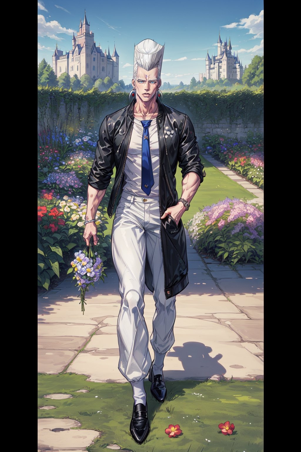 (Masterpiece, Best quality, Absurd, HDR, 8K,), (beautiful and aesthetically pleasing: 1.2), ((man, polnareff, White hair, Blue eyes, male body, male focus, black jacket, white shirt, tie, black trousers, black shoes, many flowers, garden, castle, polnareff