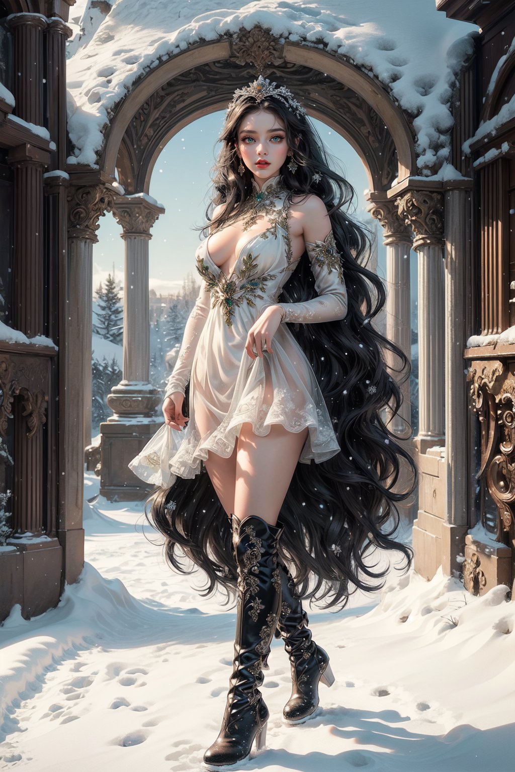  (masterpiece, best quality, high resolution, ultra detail), (beautiful and aesthetic: 1.2), detailed eyes and face, full body, 1woman, black long wavy hair, green eyes, perfect body, female body, female focus, red lips, beautiful makeup, Winter dress , winter boots, winter landscape, snow, winter resort,