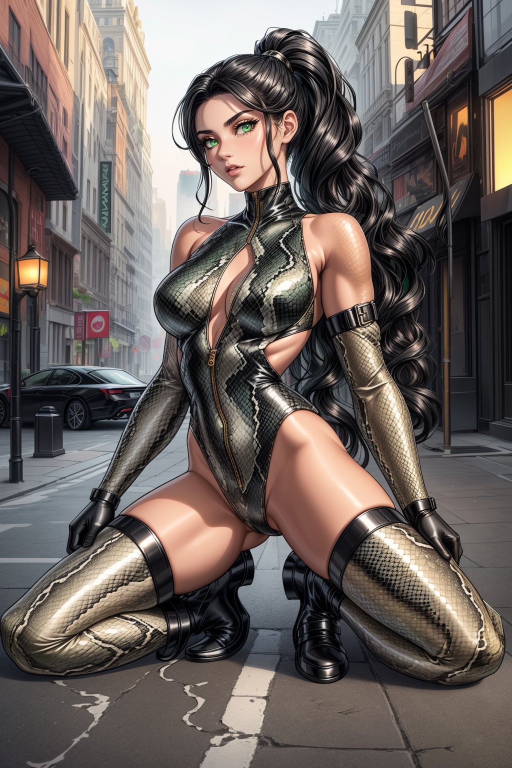 (masterpiece, best quality, high resolution, ultra detail), (beautiful and aesthetic: 1.2), detailed eyes and face, full body, (1woman), adult, (black wavy hair), long ponytail hair, (green eyes), female body, female focus, perfect body, snake skin suit, snake skin boots, snake skin jacket, snake skin skirt, snake skin bag, city, street, evening 