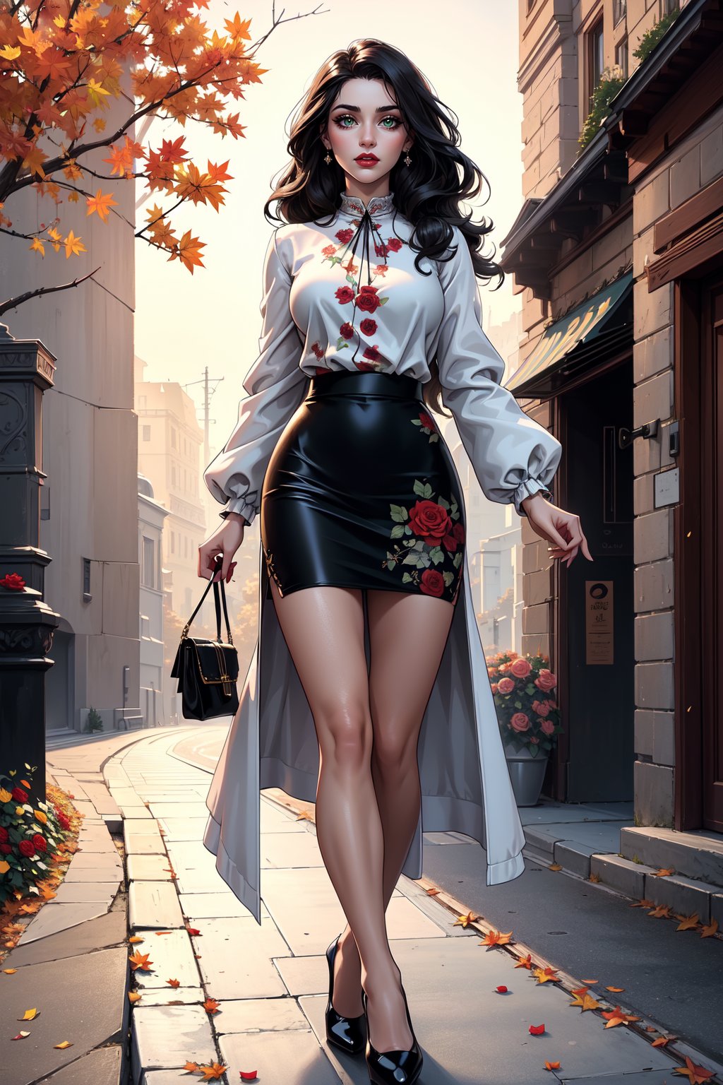  (masterpiece, best quality, high resolution, ultra detail), (beautiful and aesthetic: 1.2), detailed eyes and face, full body, 1woman, black long wavy hair, green eyes, perfect body, female body, female focus, red lips, beautiful makeup, high heels, black pencil skirt, white airy blouse, autumn coat with print, bouquet of frosty roses in hands, street, evening, date, autumn, winter patterns, frost