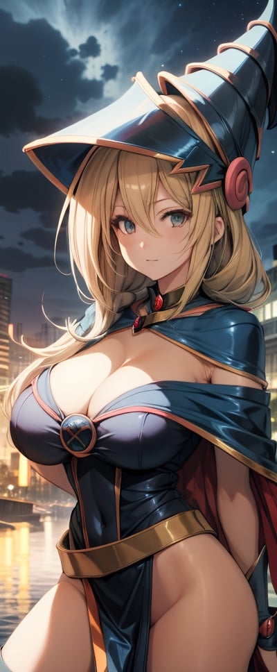 (masterpiece),hyper quality, hyper details, scenery, ero, night sky, night, (dark magician girl). solo, big breast, hands on chest, dutch_angle, milfication