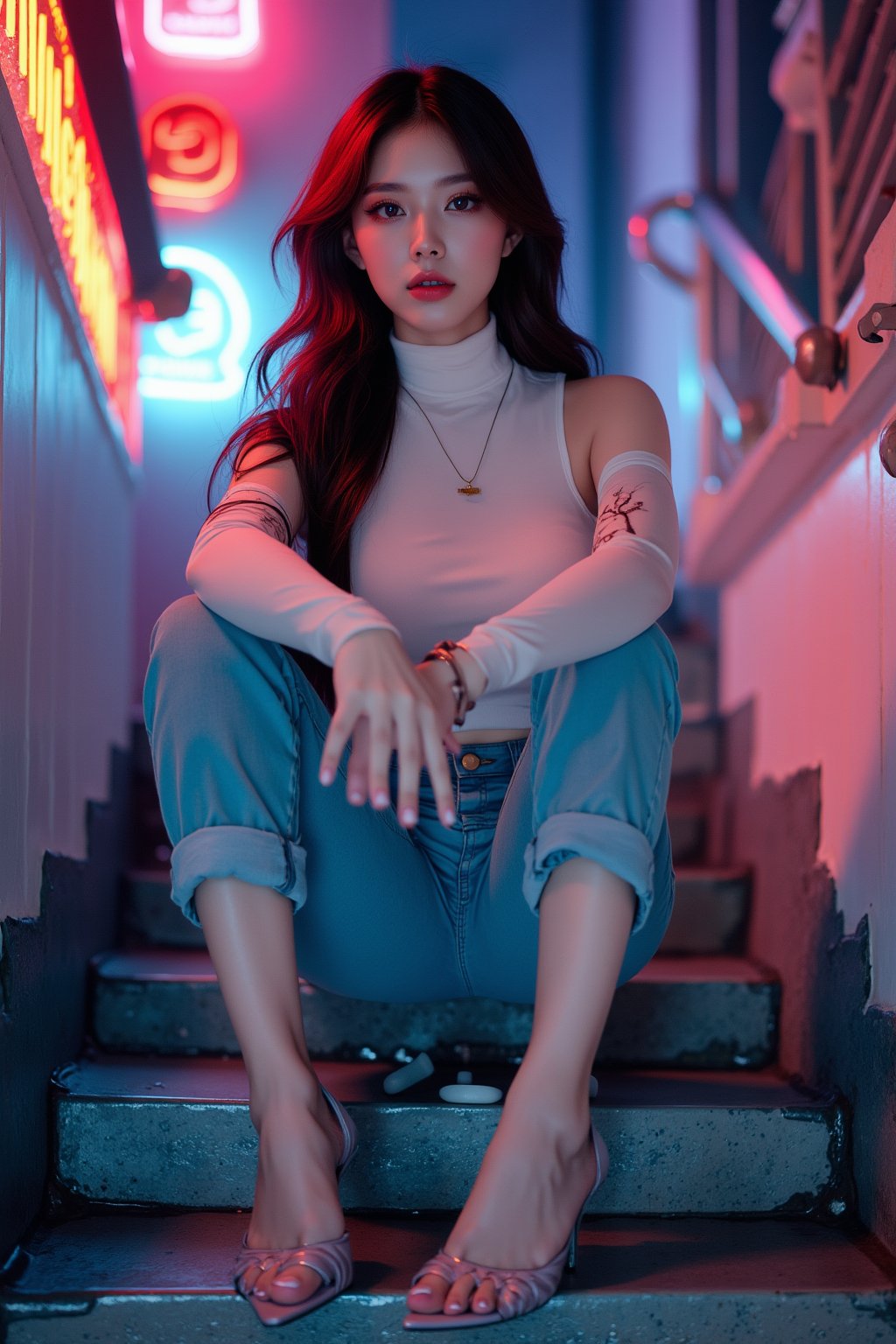 txznasian12, beautiful young asian woman, slightly fat, a smile, very confident, big eyes, High nose, White turtleneck tights, blue jeans, heels, sitting on the stairs, neon lights flashing,graceful movements, posing for photos,smooth and shiny, simple and elegant, reality shooting, Vista, panoramic shot, full-body shot, Motion shot, ferrania p30,Maxon Cinema 4D, 8K uhd studio quality, high resolution.