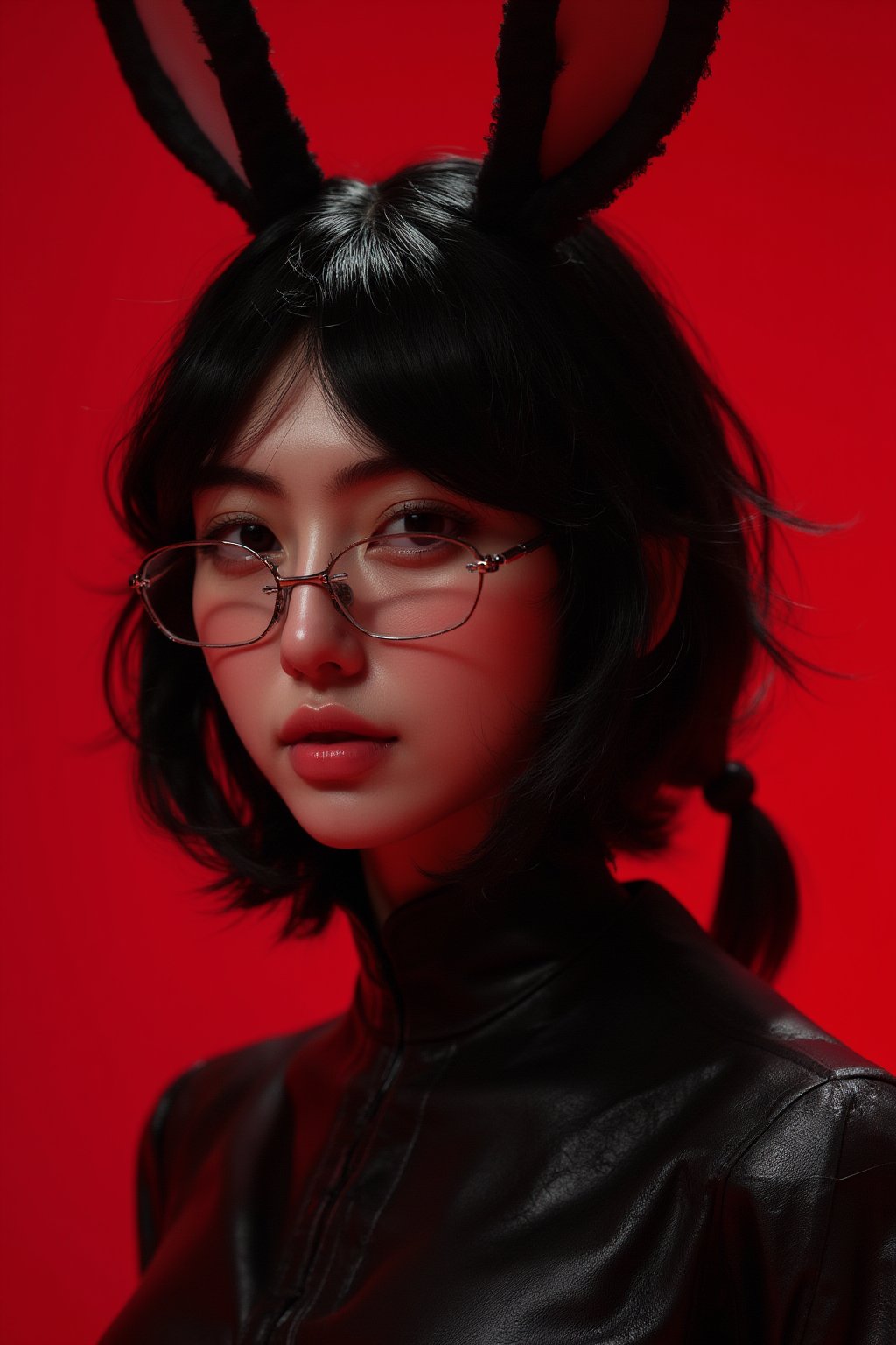 a young asian woman wearing bunny ears on a red background, in the style of vray tracing, dark black and light black, ren hang, superheroes, leather/hide, close-up shots, dmitry kustanovich ,txznasian4, with the word "Harris 2024" on background,