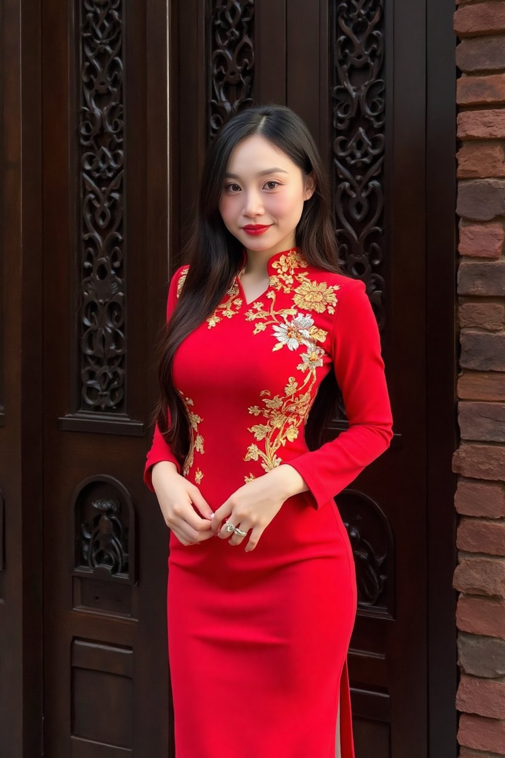 txznasian15, a young Asian woman stands in front of a dark wooden door, adorned with intricate carvings. She is dressed in a long-sleeved red dress adorned with gold embroidery and a gold ring on her finger. Her hair is pulled back, cascading over her shoulders, framing her face. Her eyes are adorned with a bold red lipstick, adding a pop of color to her lips. The backdrop is a dark brown wooden door with a intricate design. To the right of her, a brick wall is visible.