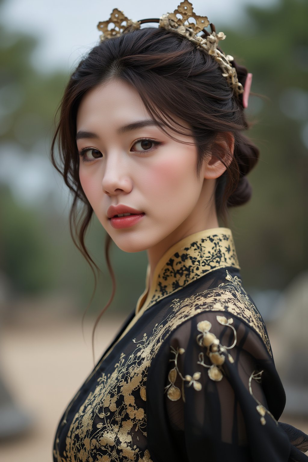 txznasian12, a young asian woman, an actor is standing outside in an asiandress, light gold and black, beautiful women, gongbi, matte photo, dotted,