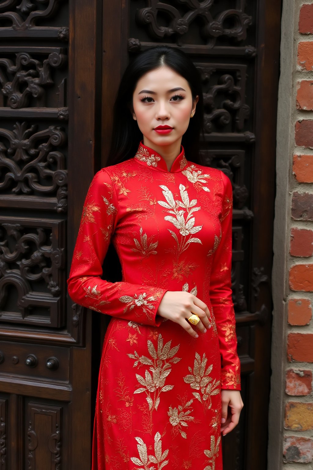 txznasian16, a young Asian woman stands in front of a dark wooden door, adorned with intricate carvings. She is dressed in a long-sleeved red dress adorned with gold embroidery and a gold ring on her finger. Her hair is pulled back, cascading over her shoulders, framing her face. Her eyes are adorned with a bold red lipstick, adding a pop of color to her lips. The backdrop is a dark brown wooden door with a intricate design. To the right of her, a brick wall is visible.