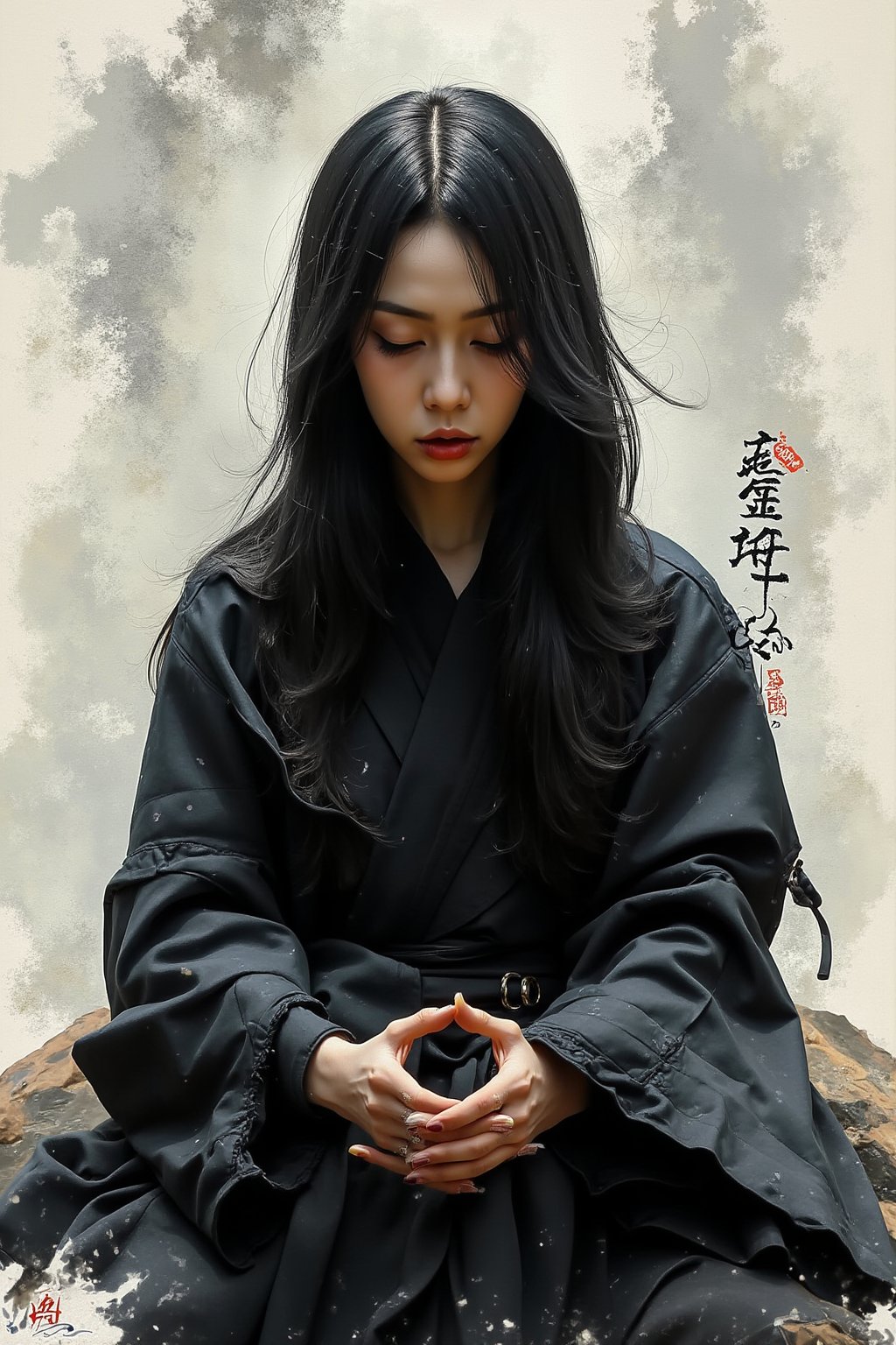 txznasian13, A female ninja in black clothes closed her eyes in meditation, looked serious, and lowered her hands. Image style: black, gray, white, ancient Chinese paintings, old RPG, illustrations by Aleksi Briclot and Ilya Kuvshinov and Bill Sienkiewicz, Bold strokes, colors in impasto style.