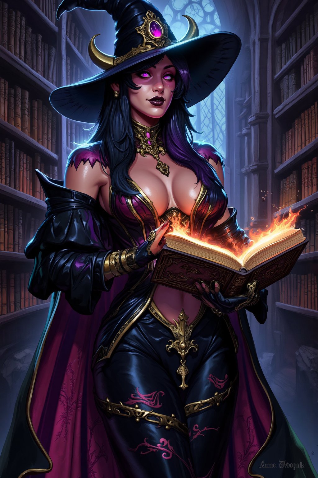 txznreiq, 
Mystical Sorceress of Yennefer with glowing spellbook and violet eyes, in an ancient library, in the style of gothic fantasy, elegant models, Anne Stokes, 32k uhd, intricate details,