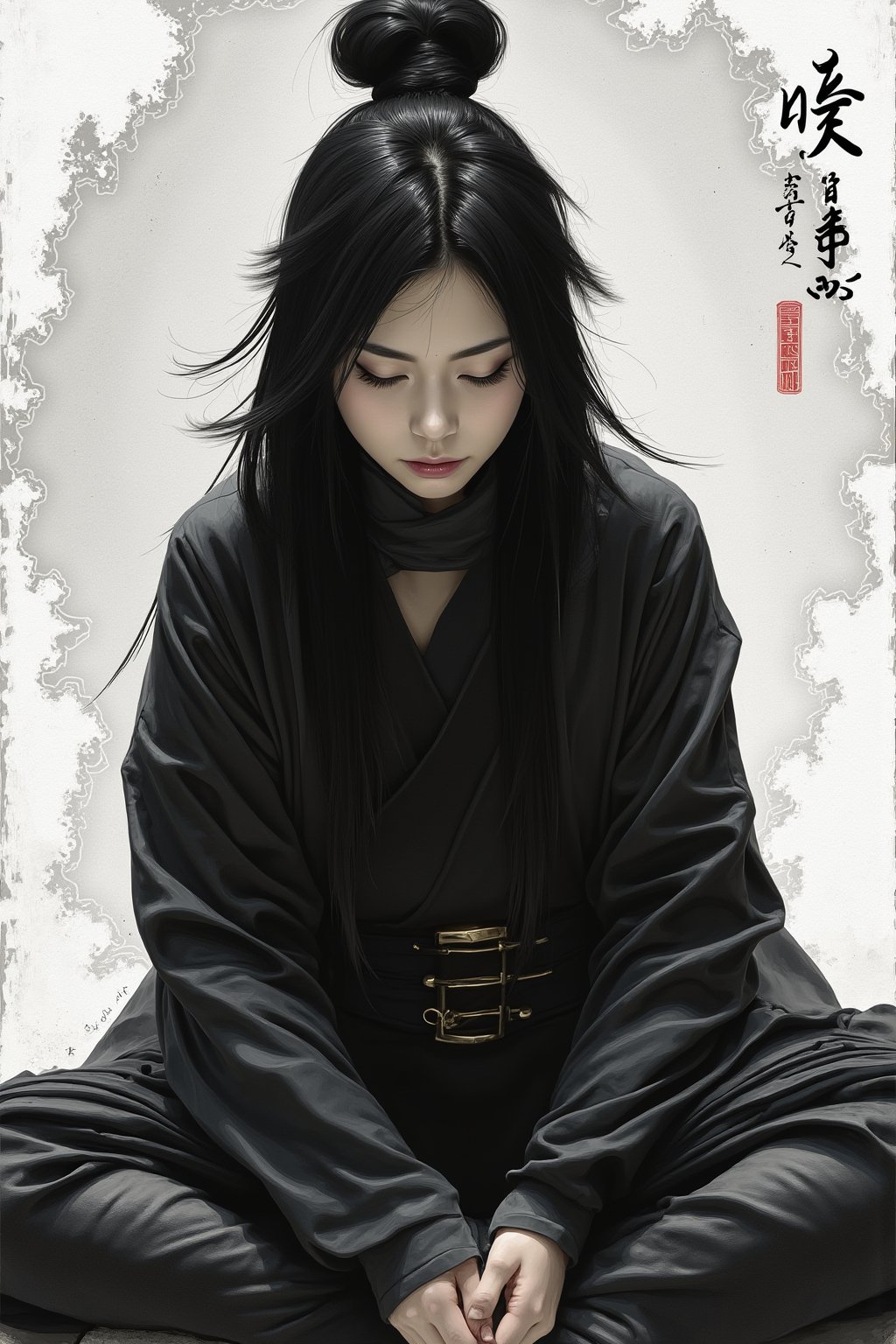 txznasian13, A female ninja in black clothes closed her eyes in meditation, looked serious, and lowered her hands. Image style: black, gray, white, ancient Chinese paintings, old RPG, illustrations by Aleksi Briclot and Ilya Kuvshinov and Bill Sienkiewicz, Bold strokes, colors in impasto style.