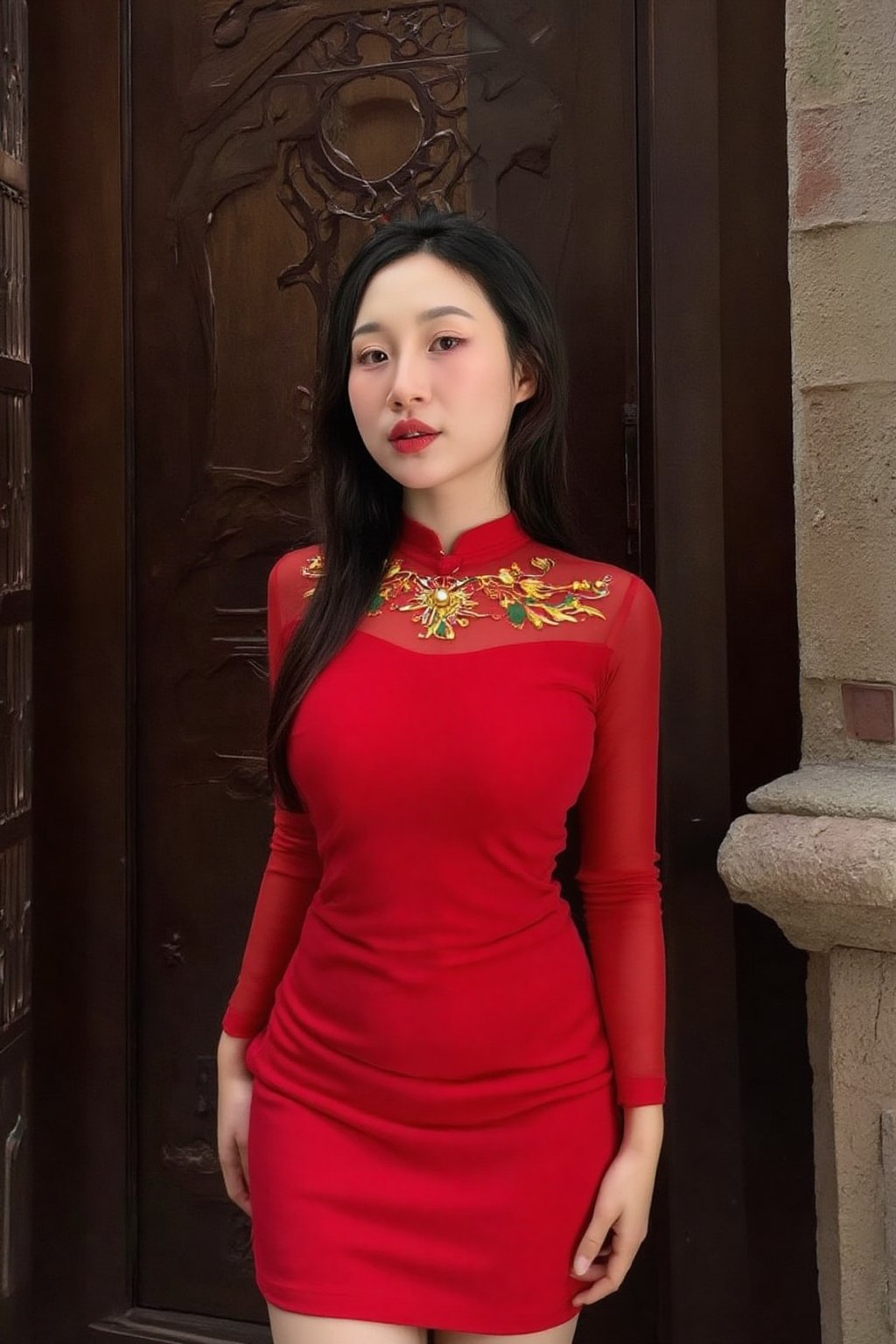 txznasian15, a young Asian woman stands in front of a dark wooden door, adorned with intricate carvings. She is dressed in a long-sleeved red dress adorned with gold embroidery and a gold ring on her finger. Her hair is pulled back, cascading over her shoulders, framing her face. Her eyes are adorned with a bold red lipstick, adding a pop of color to her lips. The backdrop is a dark brown wooden door with a intricate design. To the right of her, a brick wall is visible.